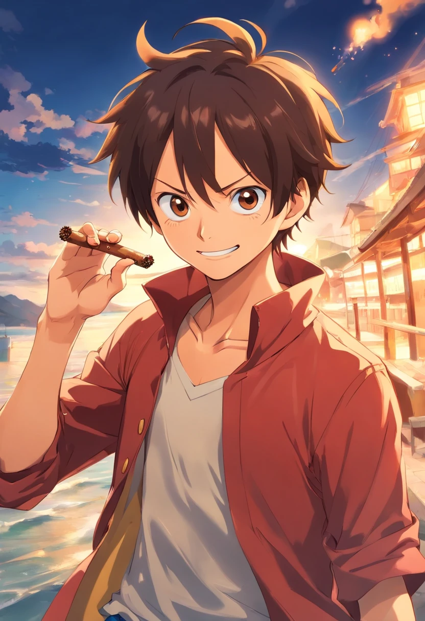 Luffy waving at the camera, with a cigar in his mouth