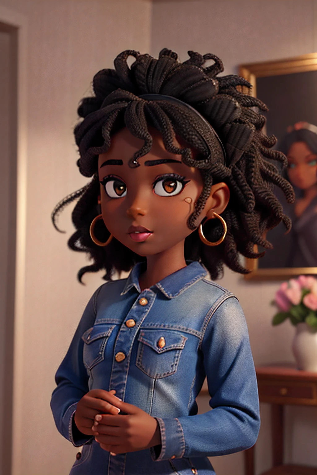 1girl african dark brown skin, realistic shadows, detailed skin, sparkling eyes, curly black hair, very detailed, highly detailed 8k face, perfect face shape, perfect full lips, perfect nose, correct beautiful eyes, observant, wedding dress:4 , hair flowers, masterpiece , best quality, single, jeans, alone