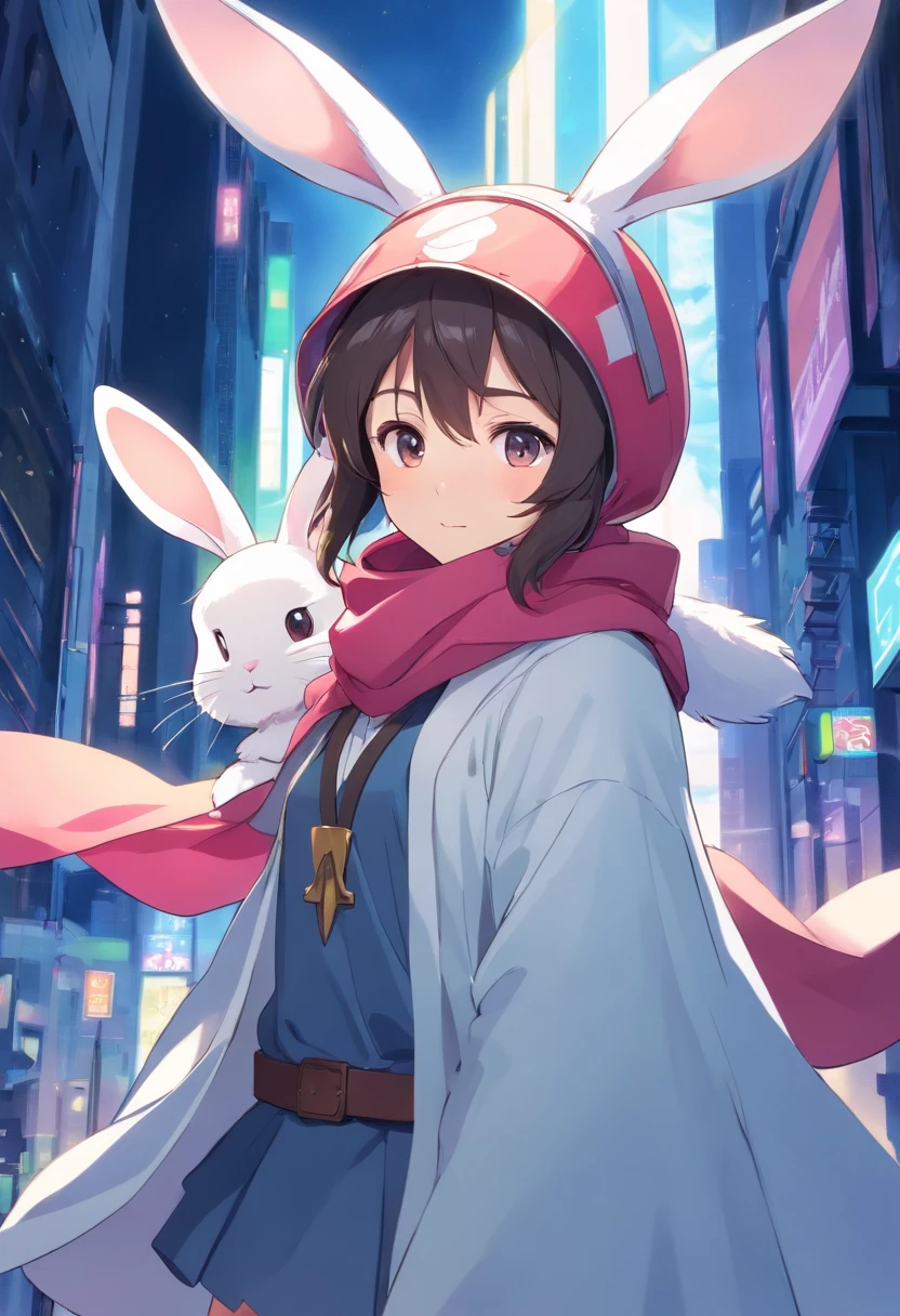 There is a cartoon rabbit wearing a cloak and scarf, rabbt_Character, Warrior rabbit, Rabbit with helmet and sword, lapin, electrixbunny, the white rabbit, the rabbit has pink fur, the white rabbit, lapin_bunny, Cover that shines in the wind, rabbit robot