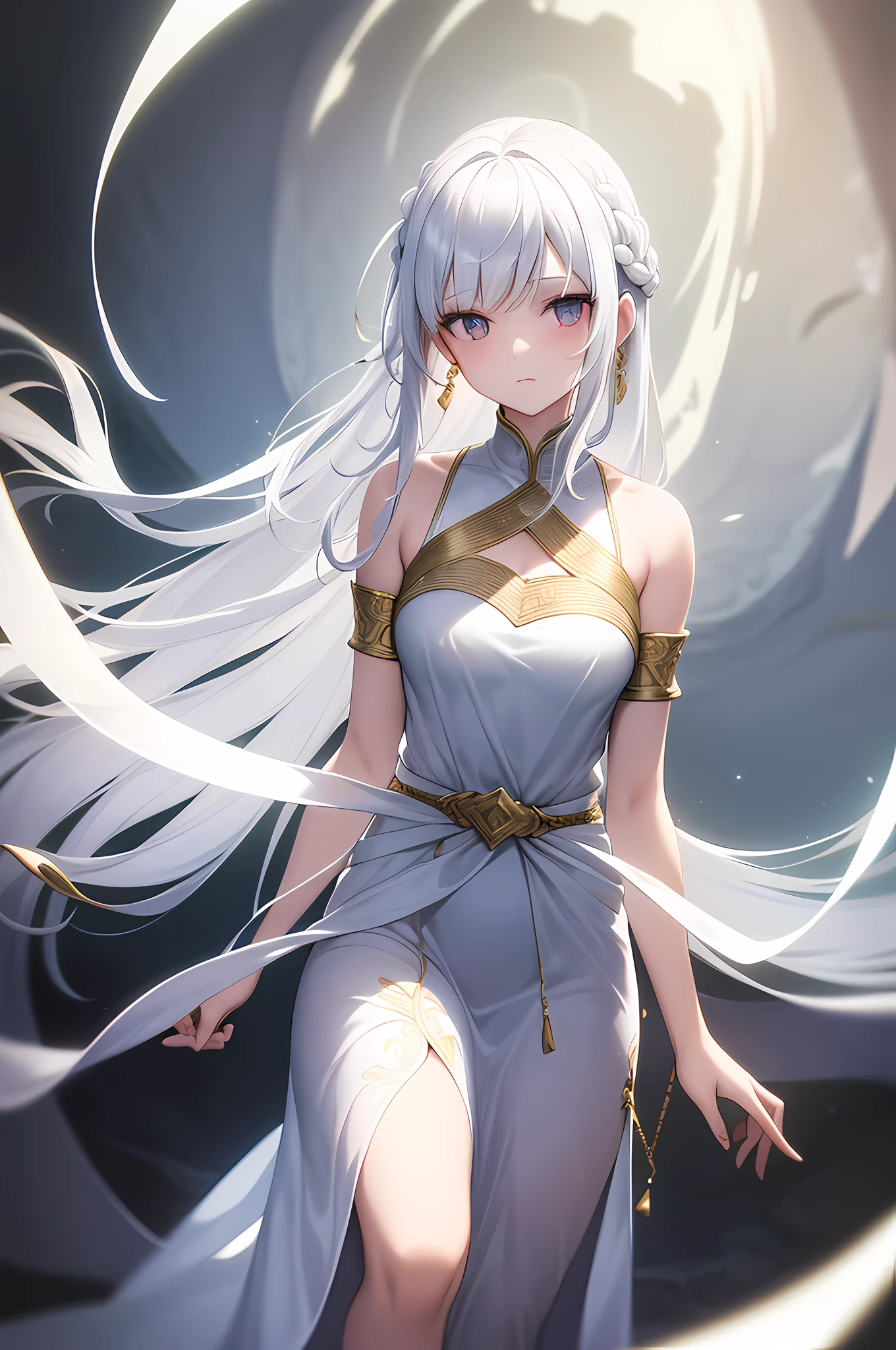 (Absurd, High resolution, Super detailed), (One girl:1.3), Gray Hair,Long Hair、whole body、Fox ears、Fox Tail、Green Eyes、Sheer white costume、freckles、sexy、Gaze, Bangs, Hime cut, Gold Accessories