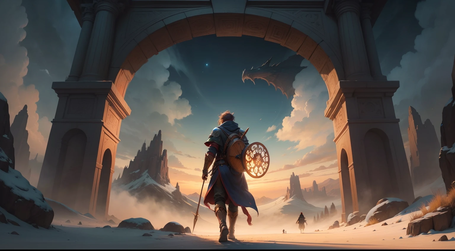 Illustration of a guide leading viewers on a journey through the realm of myths