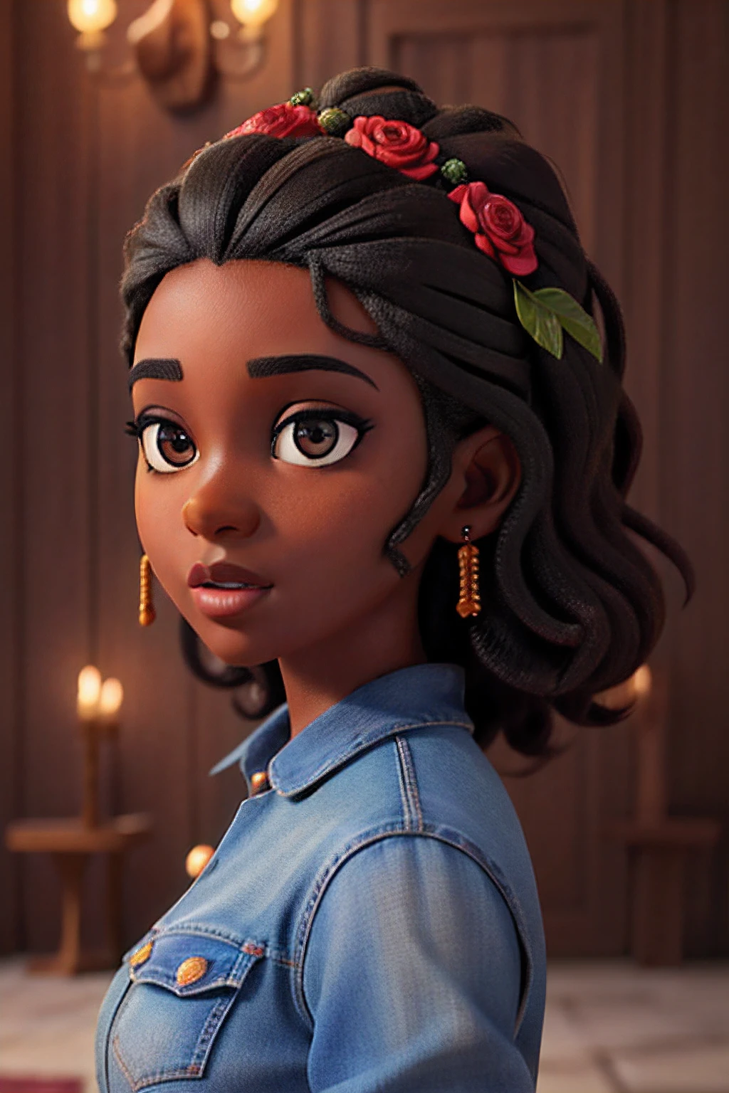 1girl african dark brown skin, realistic shadows, detailed skin, sparkling eyes, curly black hair, very detailed, highly detailed 8k face, perfect face shape, perfect full lips, perfect nose, correct beautiful eyes, observant, wedding dress:4 , hair flowers, masterpiece , best quality, single, jeans, alone