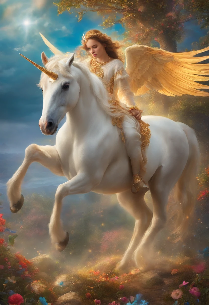 anjo de asas douradas e chifre de unicornio