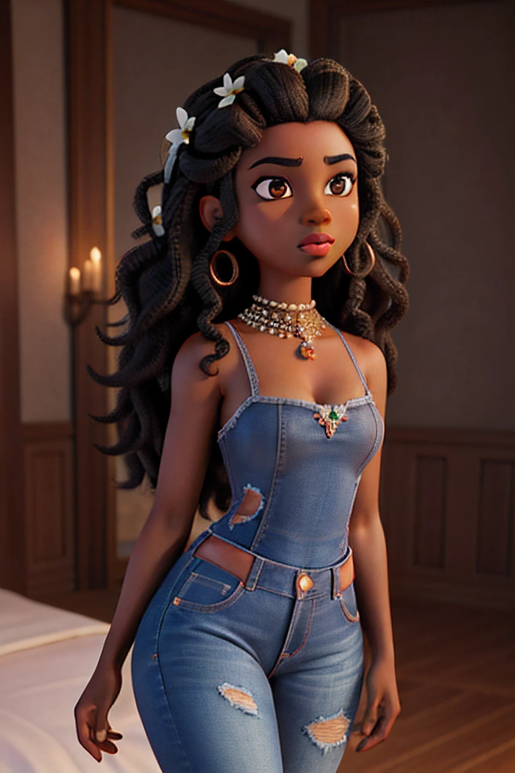 1girl african dark brown skin, realistic shadows, detailed skin, sparkling eyes, curly black hair, very detailed, highly detailed 8k face, perfect face shape, perfect full lips, perfect nose, correct beautiful eyes, observant, wedding dress:4 , hair flowers, masterpiece , best quality, single, jeans, alone