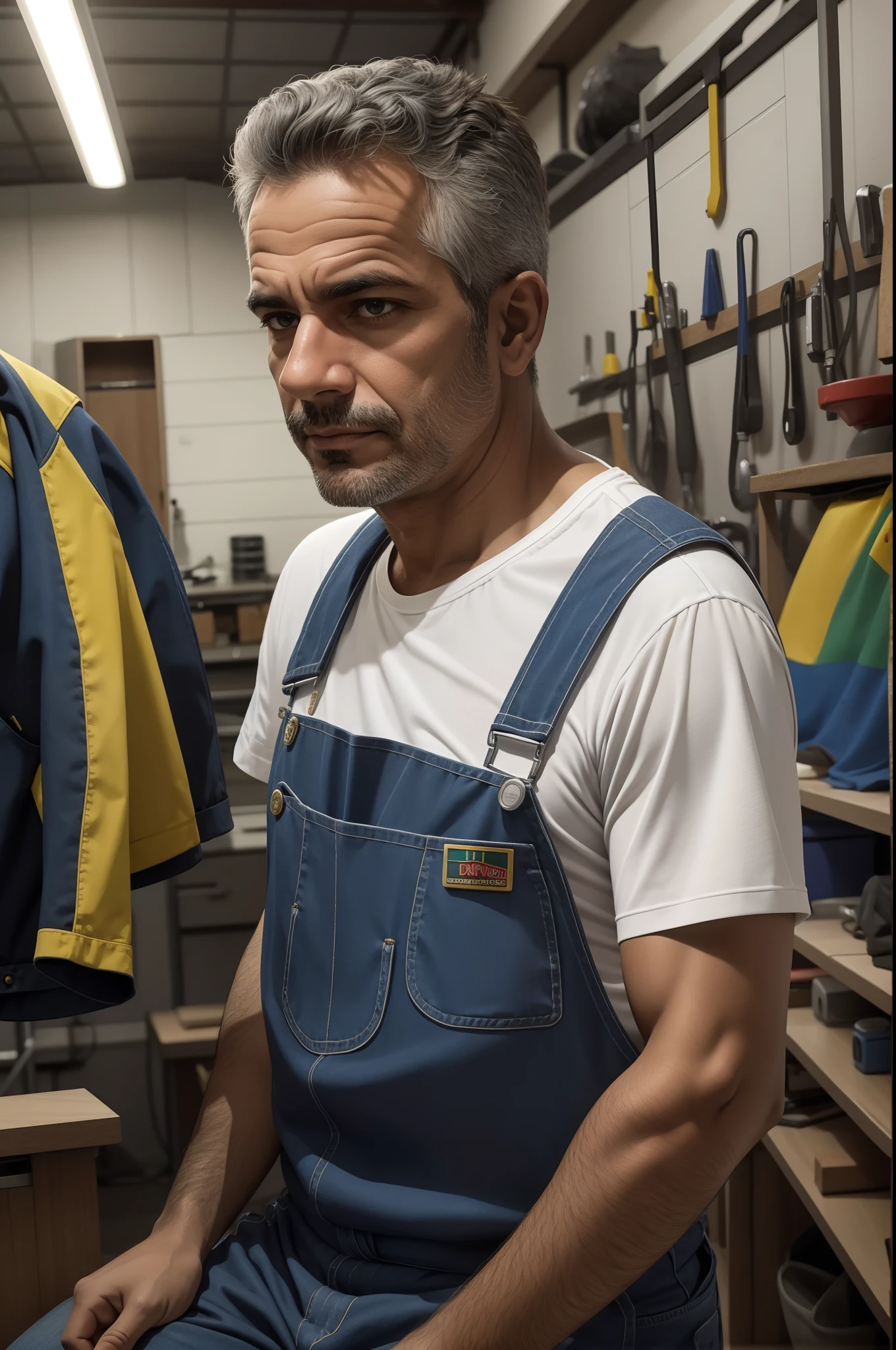 Brazilian coach, 40 anos, wearing overalls in the workshop, rosto detalhado, segurando um alicate, vista frontal, profundidade de campo, Vibrando, in another position