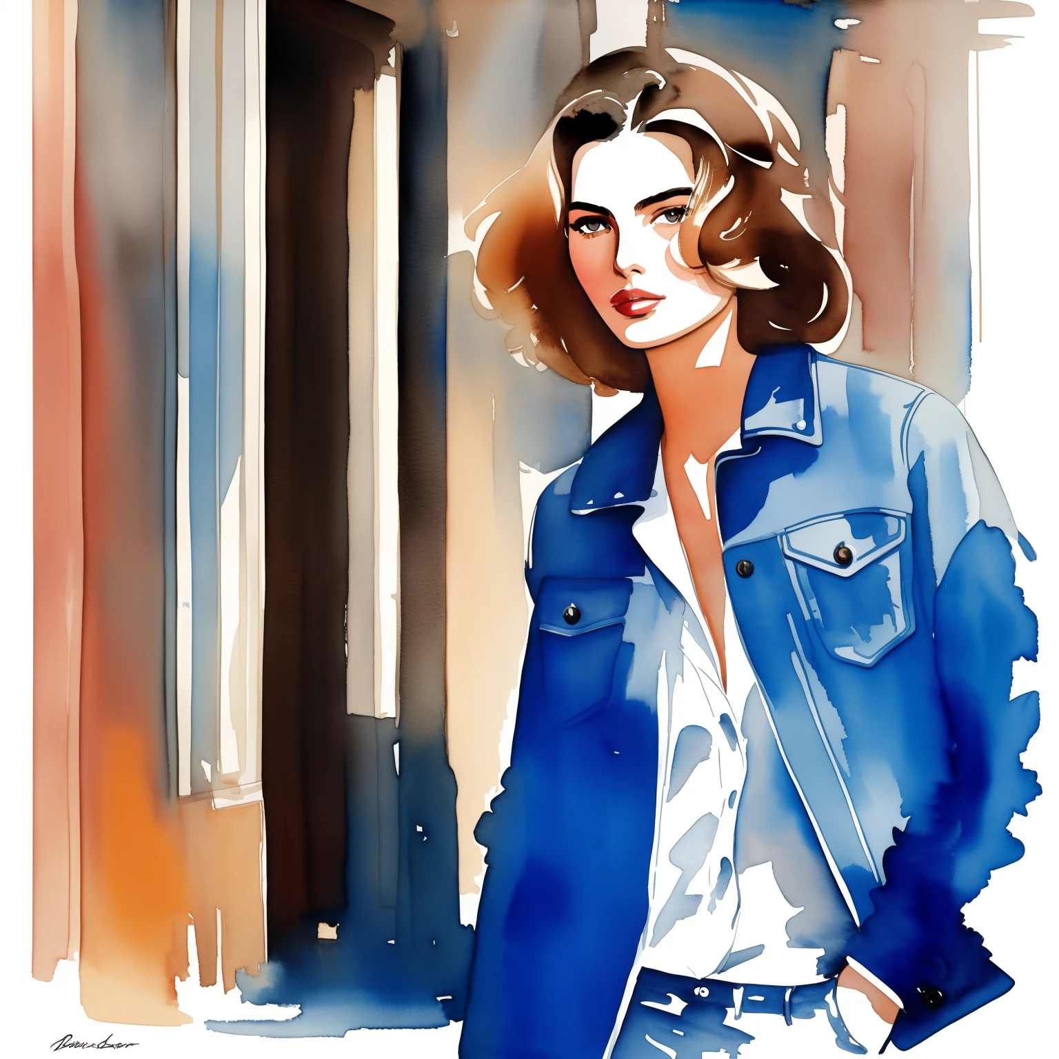 David downton fashion illustration, woman light brown thin hair blonde french bob, blue denim jacket, andreea diaconu, paris street cafe, sunlight, watercolor art