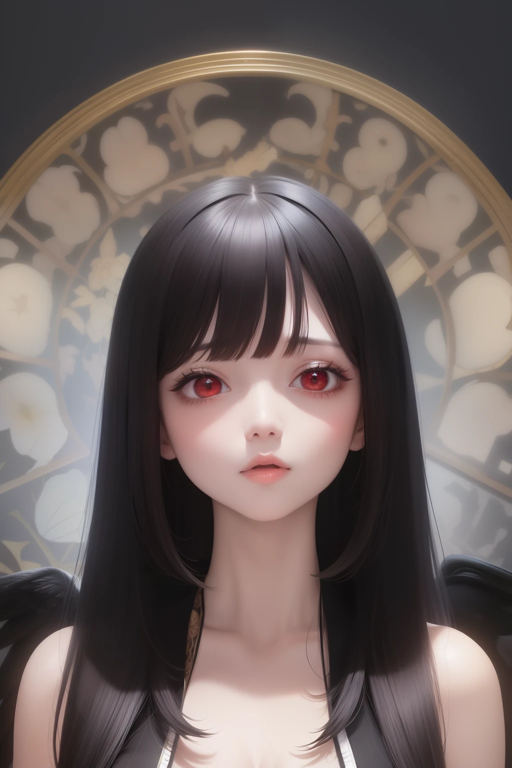 best quality, masterpiece,Black hair, red eyes, looking up, upper body, big boobs showing a little, sexy clothes,