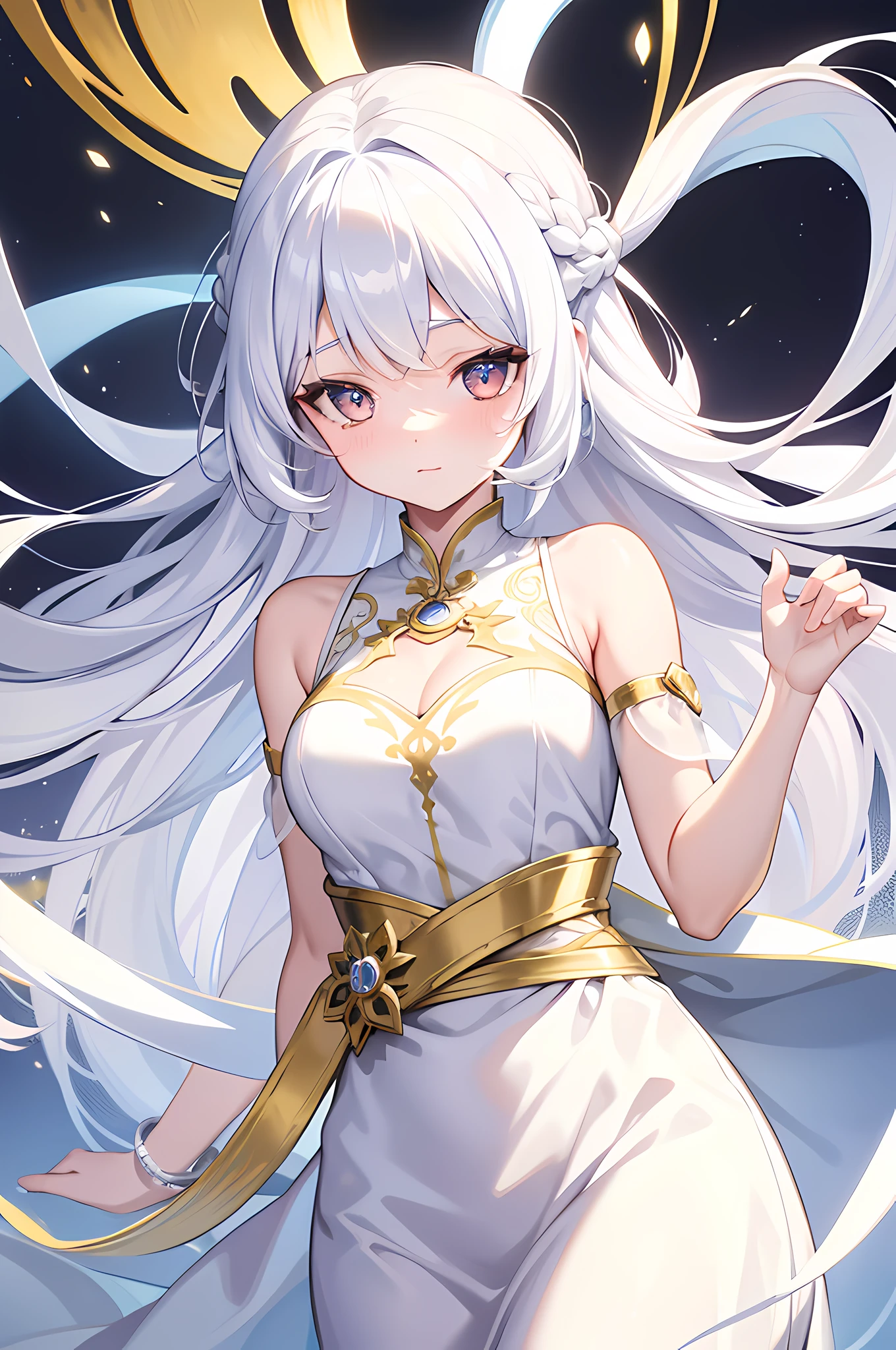 a ancient women, floating white iridescent hair, long white dress , long golden ribbons tied around her waist, white eyes, vibrant colors, high quality, ultra detailed, a cloudy background