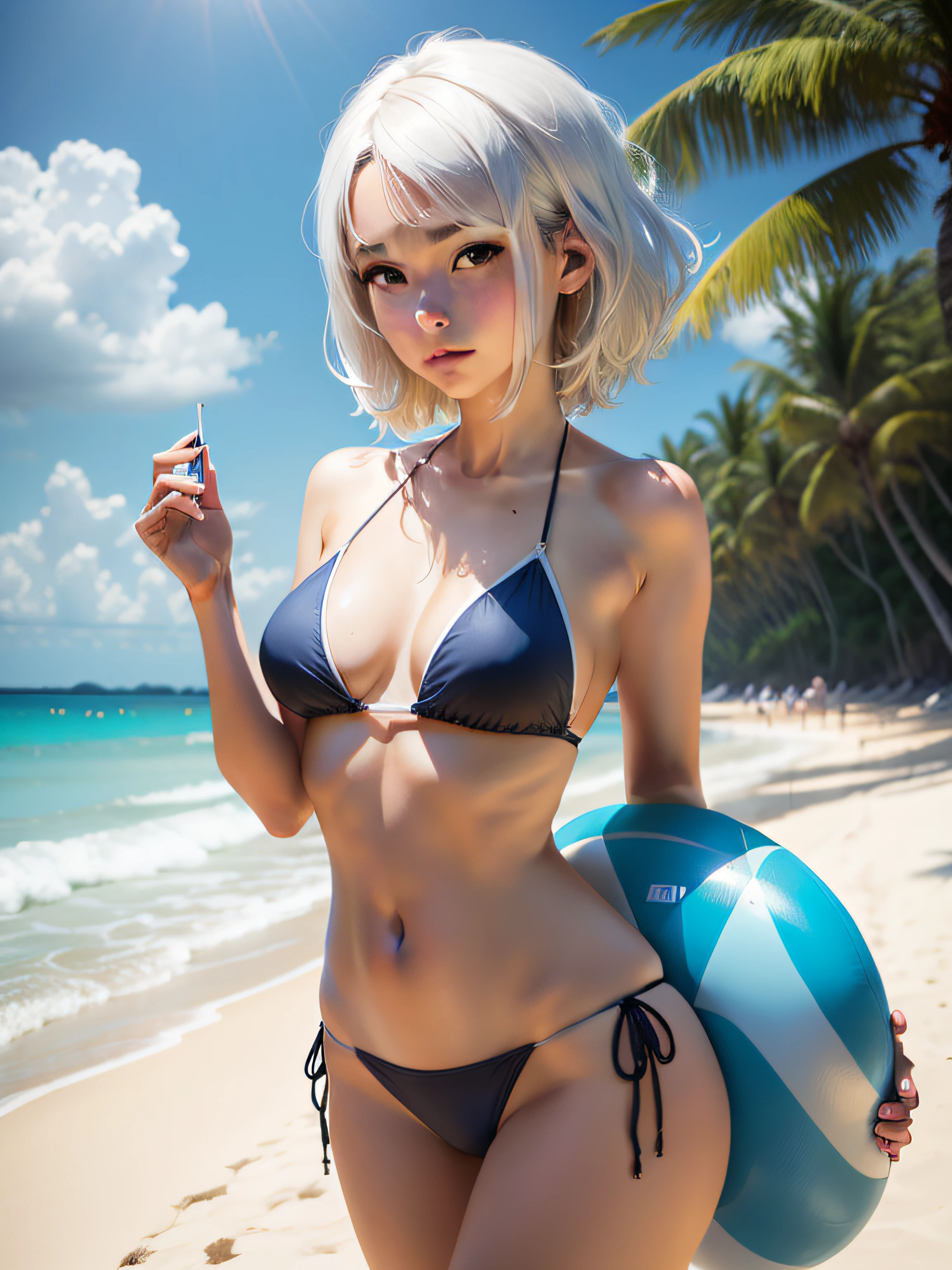 1girl, white hair, beach and see, short blue bikini, beautiful young girl