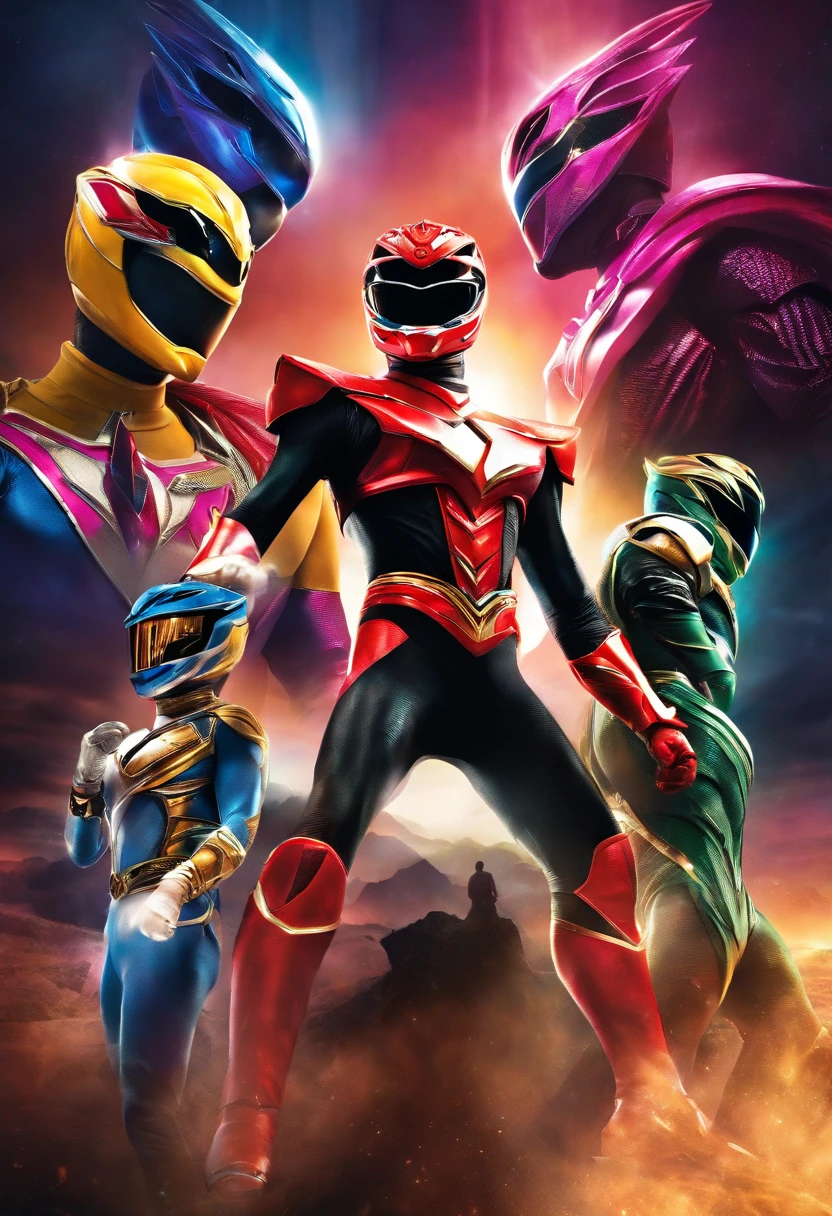 An incredible decision、High resolution、(masterpiece:1.4)、Ultra-detailed、Sharp details、Dramatic and realistic painting art、Super Sentai Serieechanical Body、Hero Mask、(red tint、Lush、black、yellow、That's pink、Group of 5)Hero of Justice、Decide on a transformation pose、