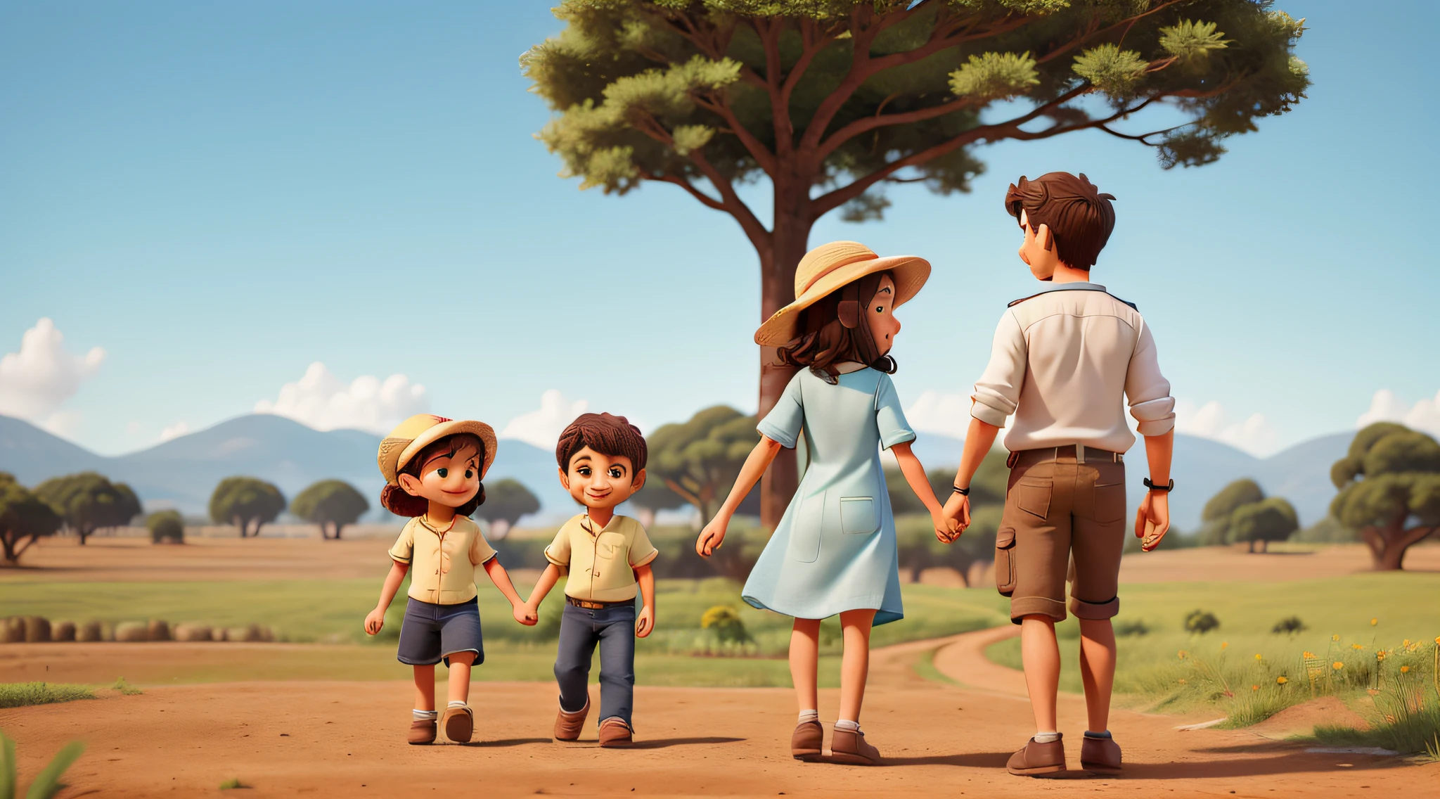 Agora, generate an image that represents John and Mary turned on their backs, Two smiling, adventurous children, hand in, enquanto exploram os vastos campos da fazenda. They are dressed in simple clothes, cheias de manchas de terra e grama.