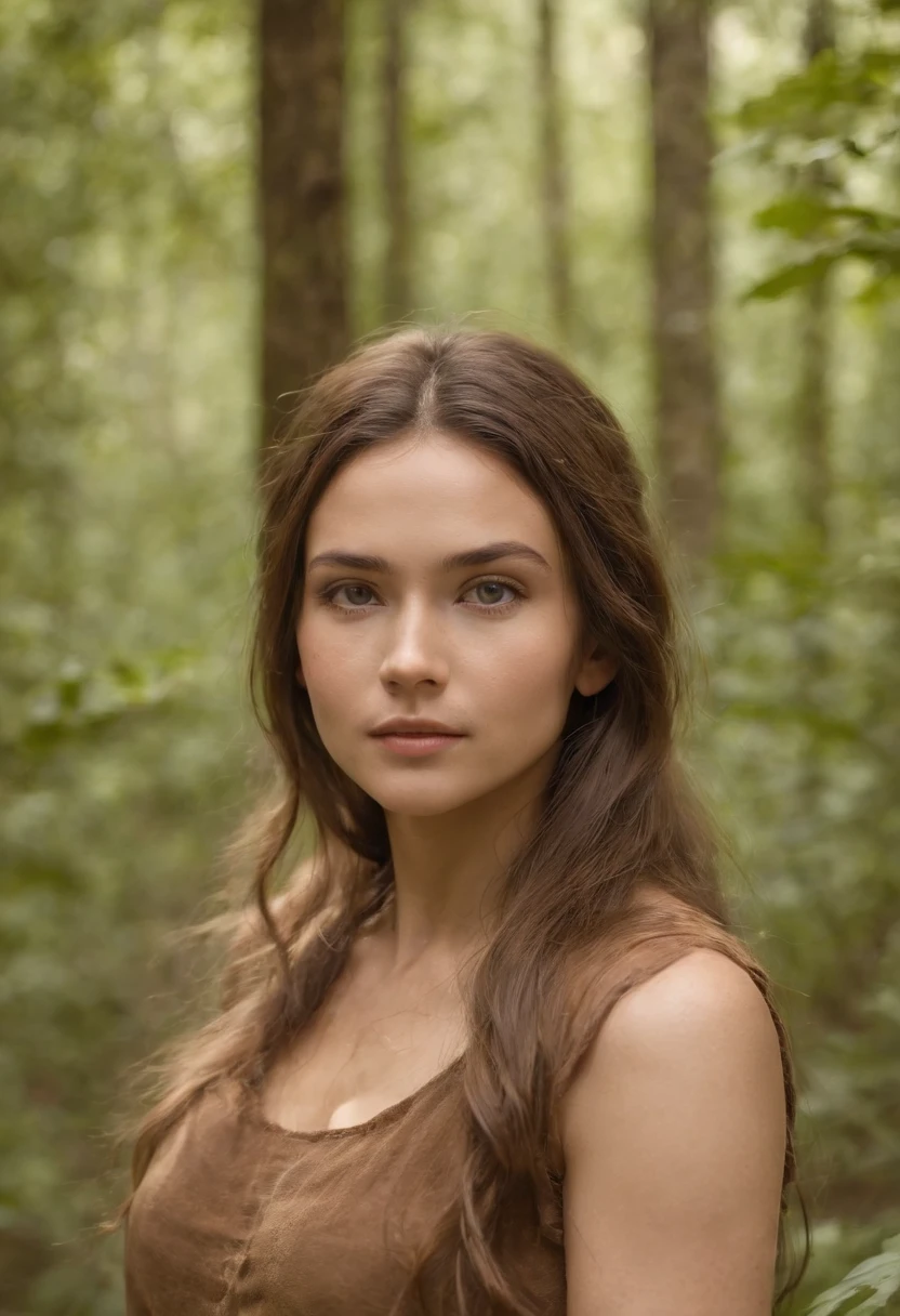 prehistoric hunter-gatherer young woman, 27-year-old, tan-skinned, standing in the forest, long brown hair, barefoot, caveman, cavewoman, earth tones, nomad, Cro-Magnon, Neanderthal, Paleolithic, stone age, prehistoric, primeval, prehistory, ancient, primitive, primordial, intricately detailed, hyper realistic photograph, Vibrant, Ultra High Definition, Stunningly Photorealistic Image