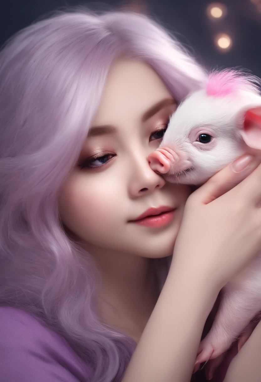 Silvery hair,Pink eyes,Girl in purple hugging cute piglet
