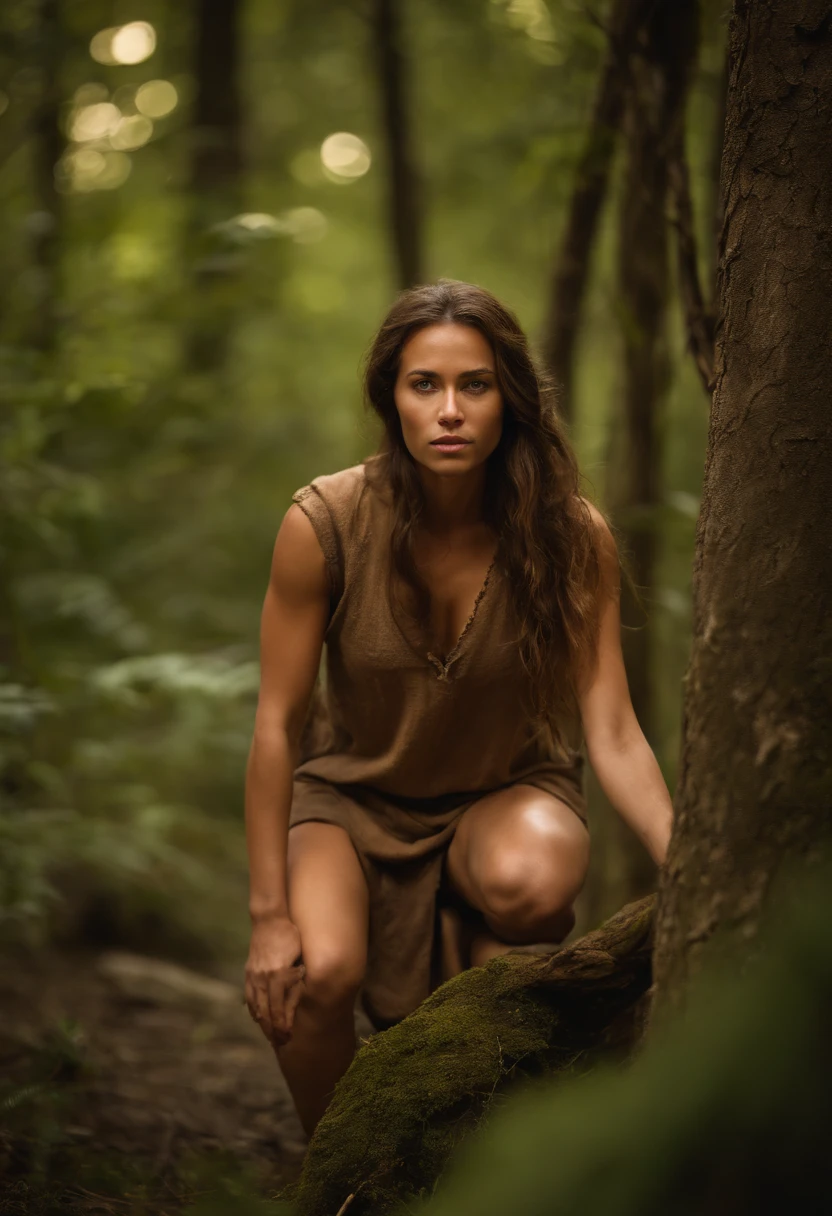 prehistoric hunter-gatherer young woman, 27-year-old, tan-skinned, standing in the forest, long brown hair, barefoot, caveman, cavewoman, earth tones, nomad, Cro-Magnon, Neanderthal, Paleolithic, stone age, prehistoric, primeval, prehistory, ancient, primitive, primordial, intricately detailed, hyper realistic photograph, Vibrant, Ultra High Definition, Stunningly Photorealistic Image