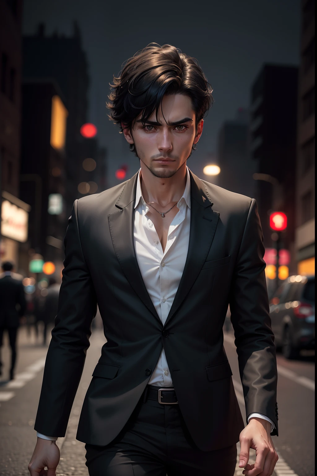 realistic 8k image of a 25-year-old man, short black hair, dressed in a black blazer and a white blouse underneath, scared expression, walking down an empty night street