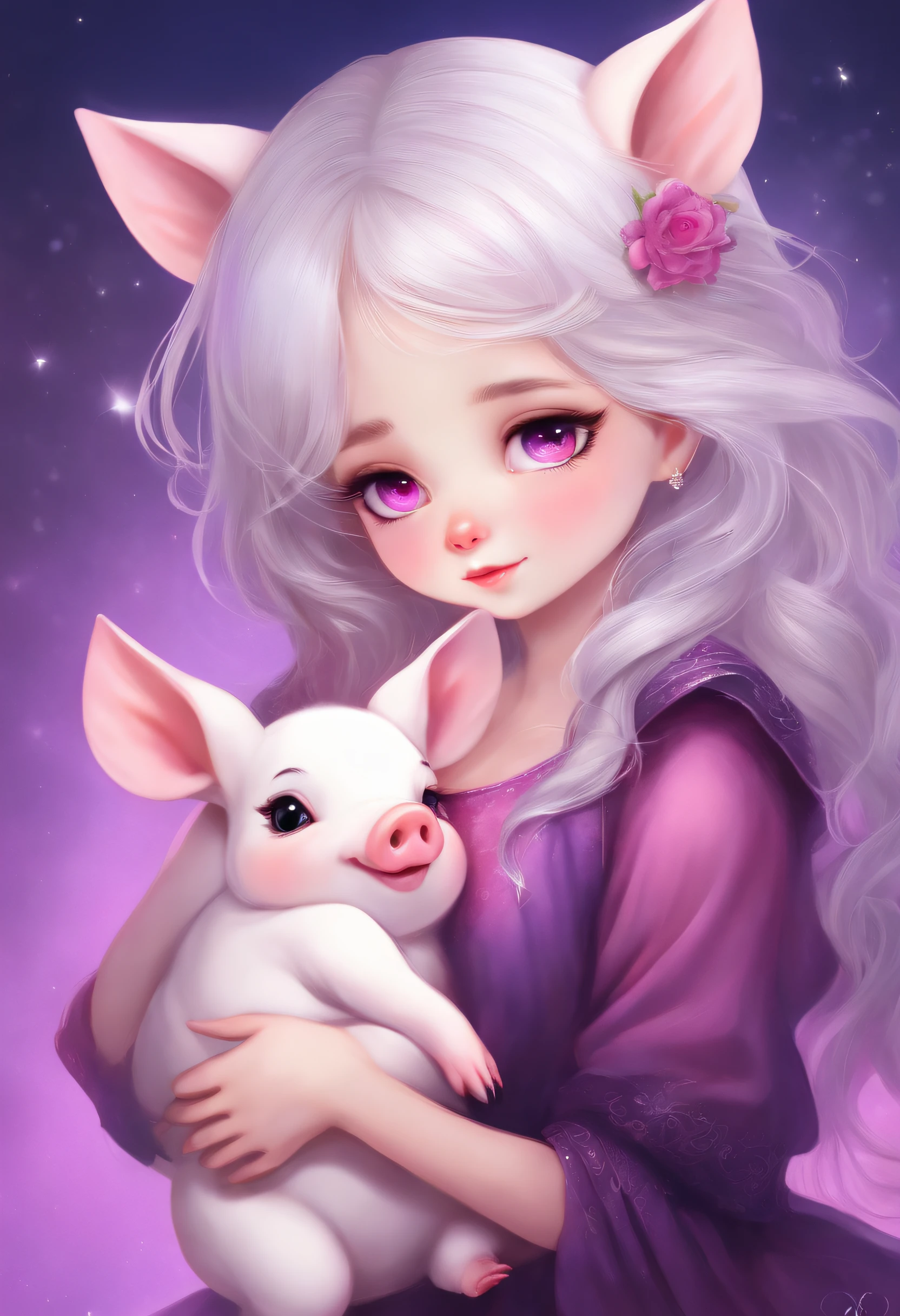 Silvery hair，Pink eyes，Girl in purple hugging cute piglet