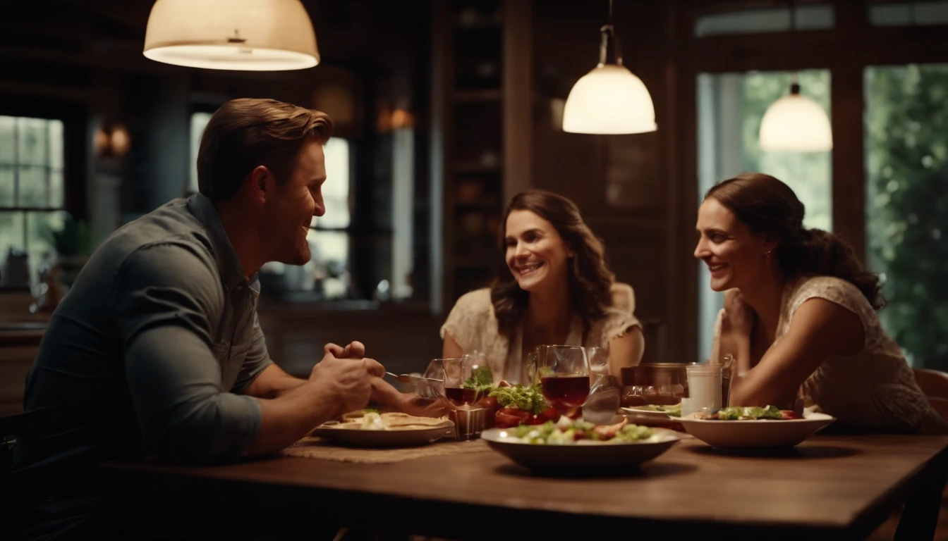 Beautiful American kitchen, with four people at the table eating, and happy, realistic and perfect image