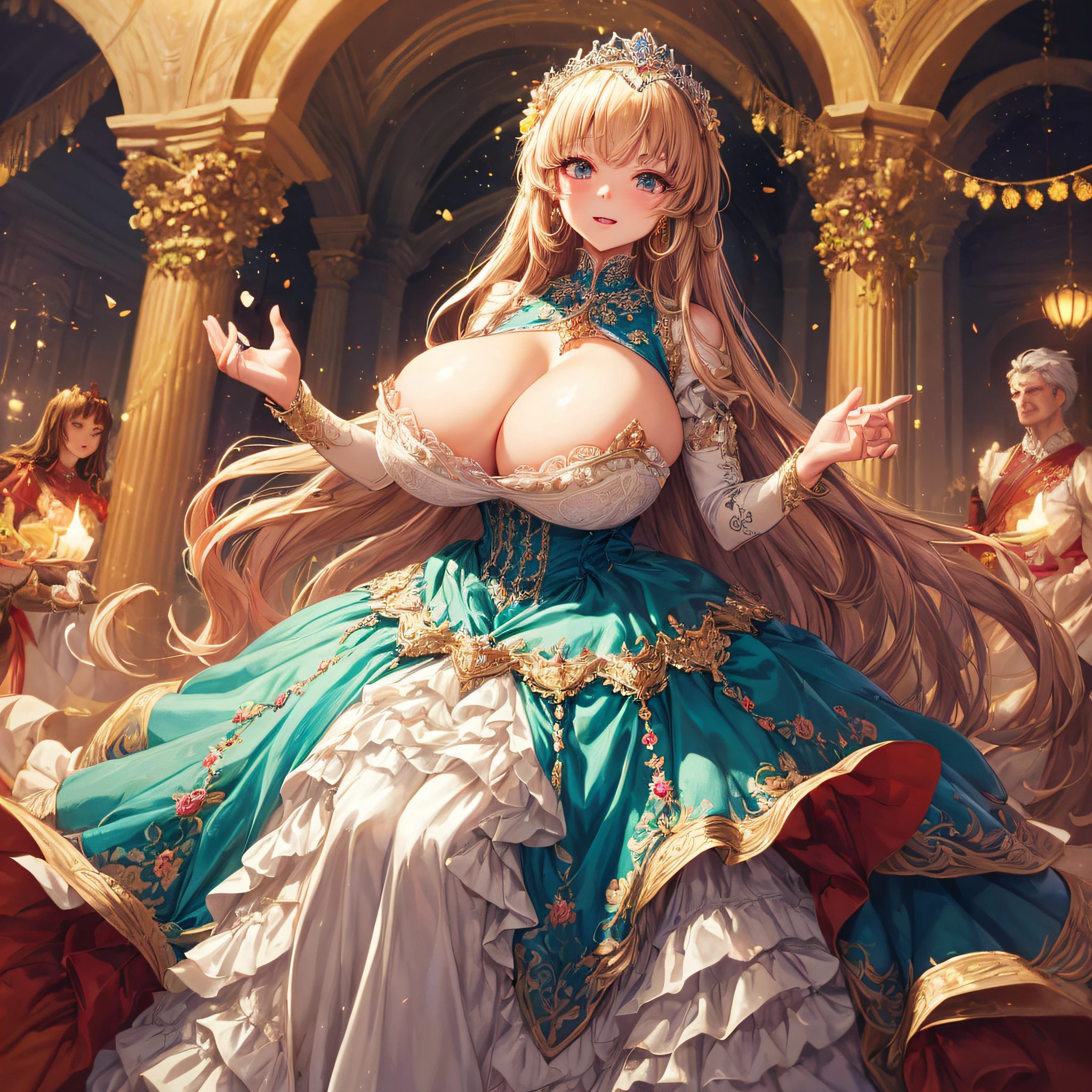 (masterpiece, best quality,extremely detailed:1.1),(moe anime art style:1.2),1girl,((full body)),((solo)), cute, kawaii,digital art,((1 bling-bling anime princess wearing beautiful embroidery and jeweled ruffled gorgeous princess ballgown with voluminous full length hoop skirt)),((crinoline)),long train,voluminous frills,(gorgeous embroidery and beautiful lace),((very gigantic boobs,skindentation)),cleavage,shiny hair,(((very long straight hair))),((finely detailed face and eyes)),clear pupil,extremely gorgeousfull hair ornament,(bling-bling jeweled extremely gorgeousfull tiara),(bling-bling gorgeous gemstone jewelry),long veil,beautiful background,fantasy garden,flowers,flower petals flowing,full body,((beautiful embroidery and jeweled ruffled gorgeous princess ballgown with voluminous full length hoop skirt))