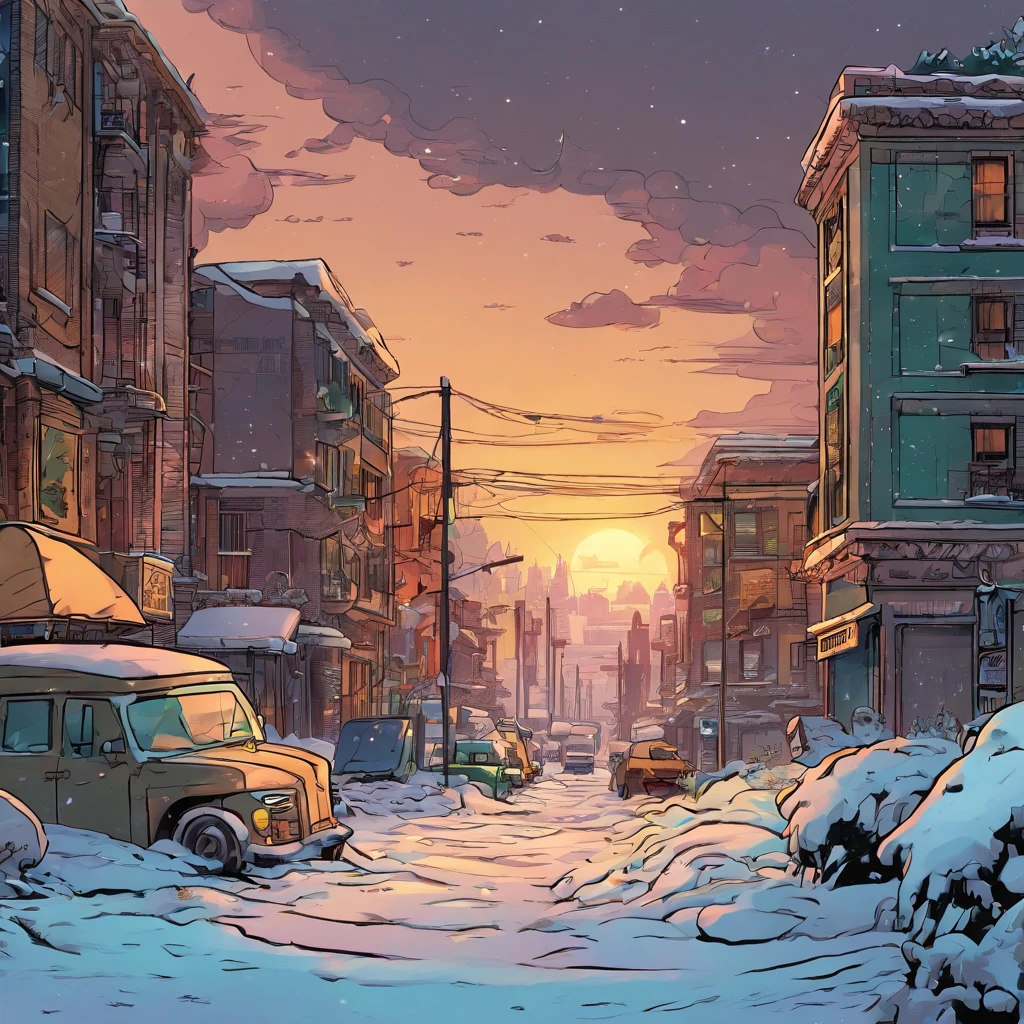 end of the world, epic realistic, (hdr:1.4), (muted colors:1.4), apocalypse, freezing, abandoned, neutral colors, night, screen space refractions, (intricate details), (intricate details, hyperdetailed:1.2), artstation, cinematic shot, vignette, complex background, buildings, snowy