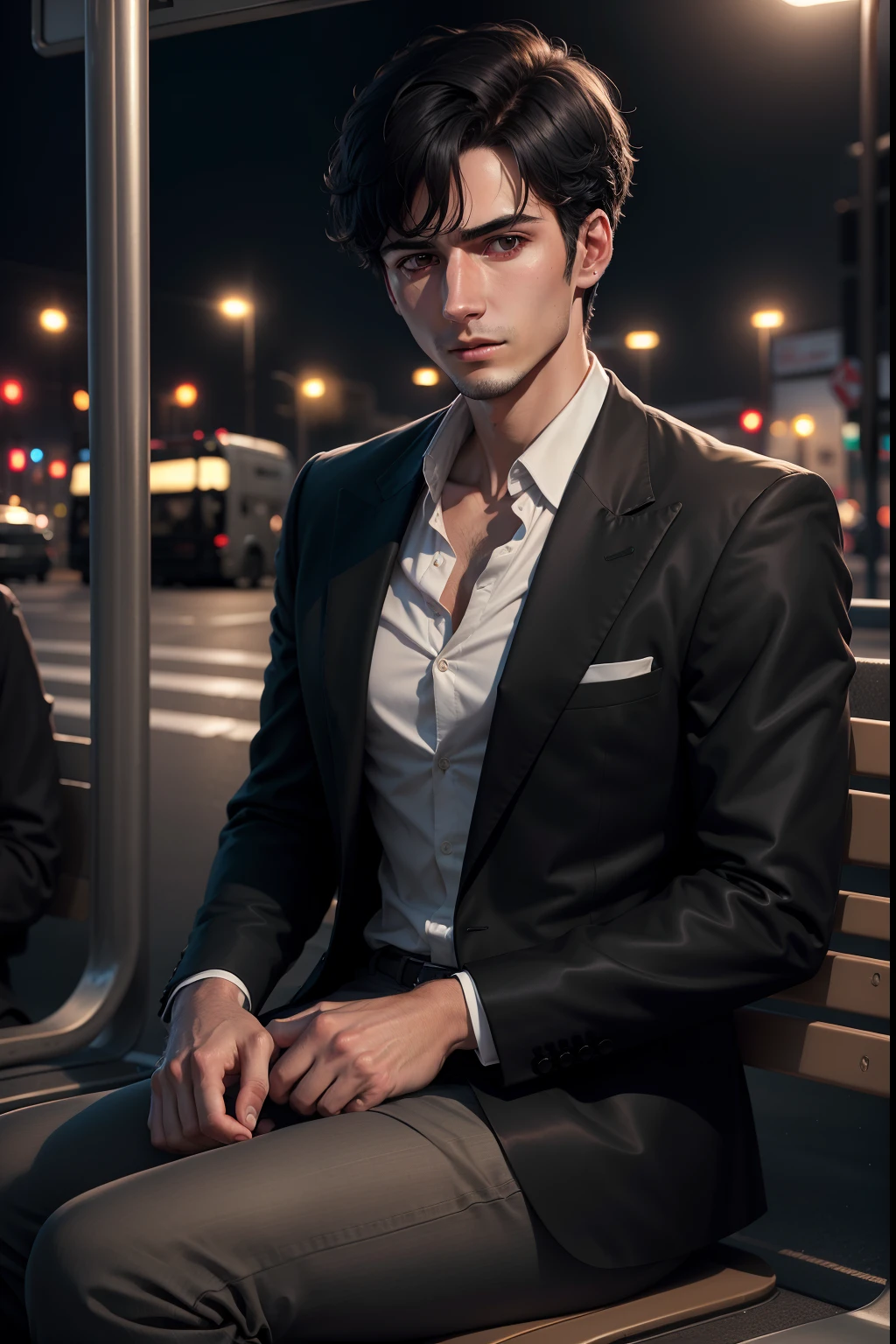 realistic 8k image of a 25-year-old man, short black hair, dressed in a black blazer and a white blouse underneath, tense expression, sitting at a bus stop, night scene