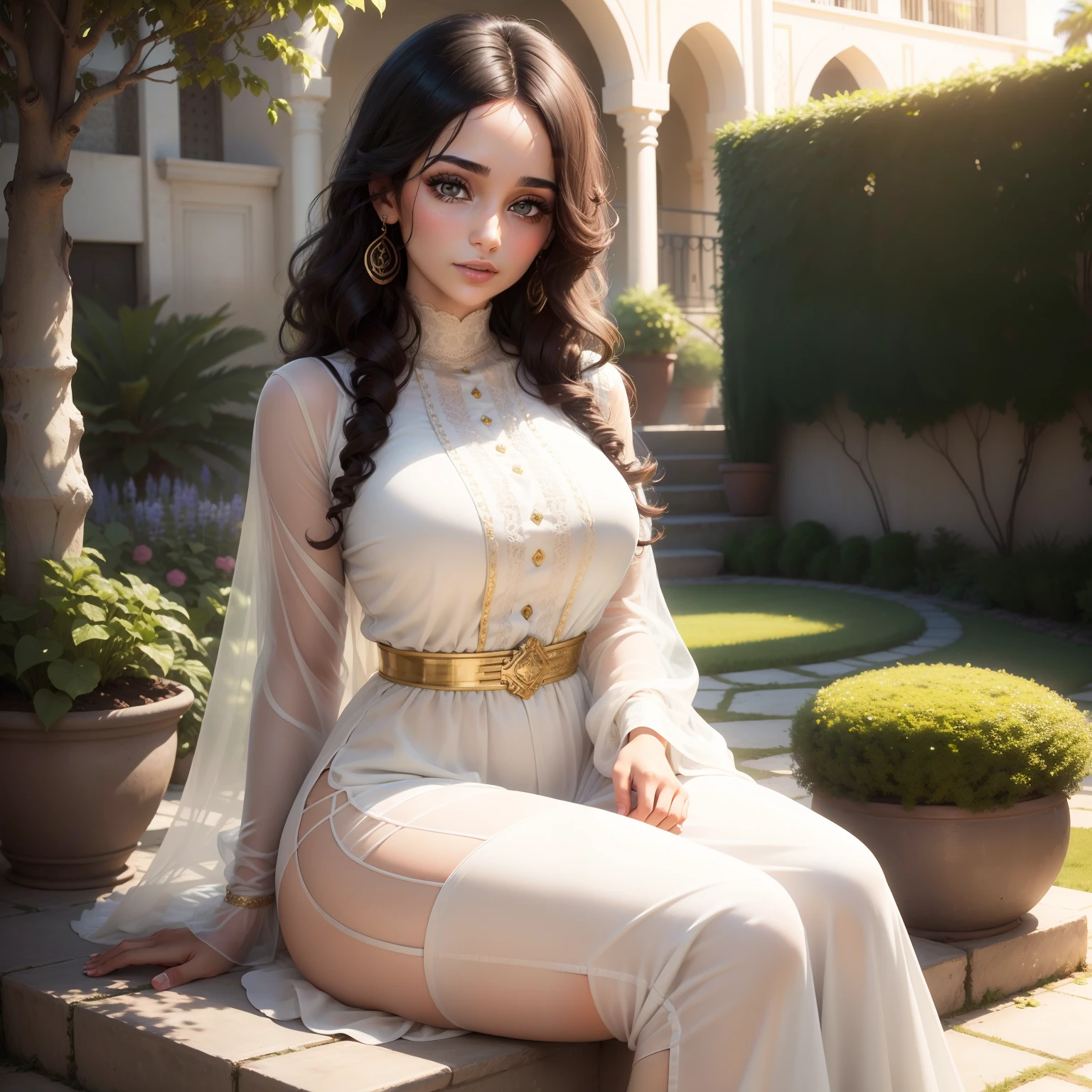 A bright morning, a beautiful Arab girl, her eyes are hazel, the accuracy of the details of the eyes and eyelashes, her hair is curly, she wears tight modern clothes, from the finest fashion stores, she sits in a bright garden, a wonderful scene, full of vitality, a hot lively scene, accurate details, high resolution 8K