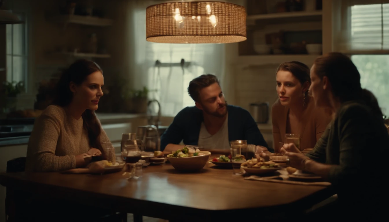 Beautiful American kitchen, with four people at the table eating discussing, furious, realistic and perfect