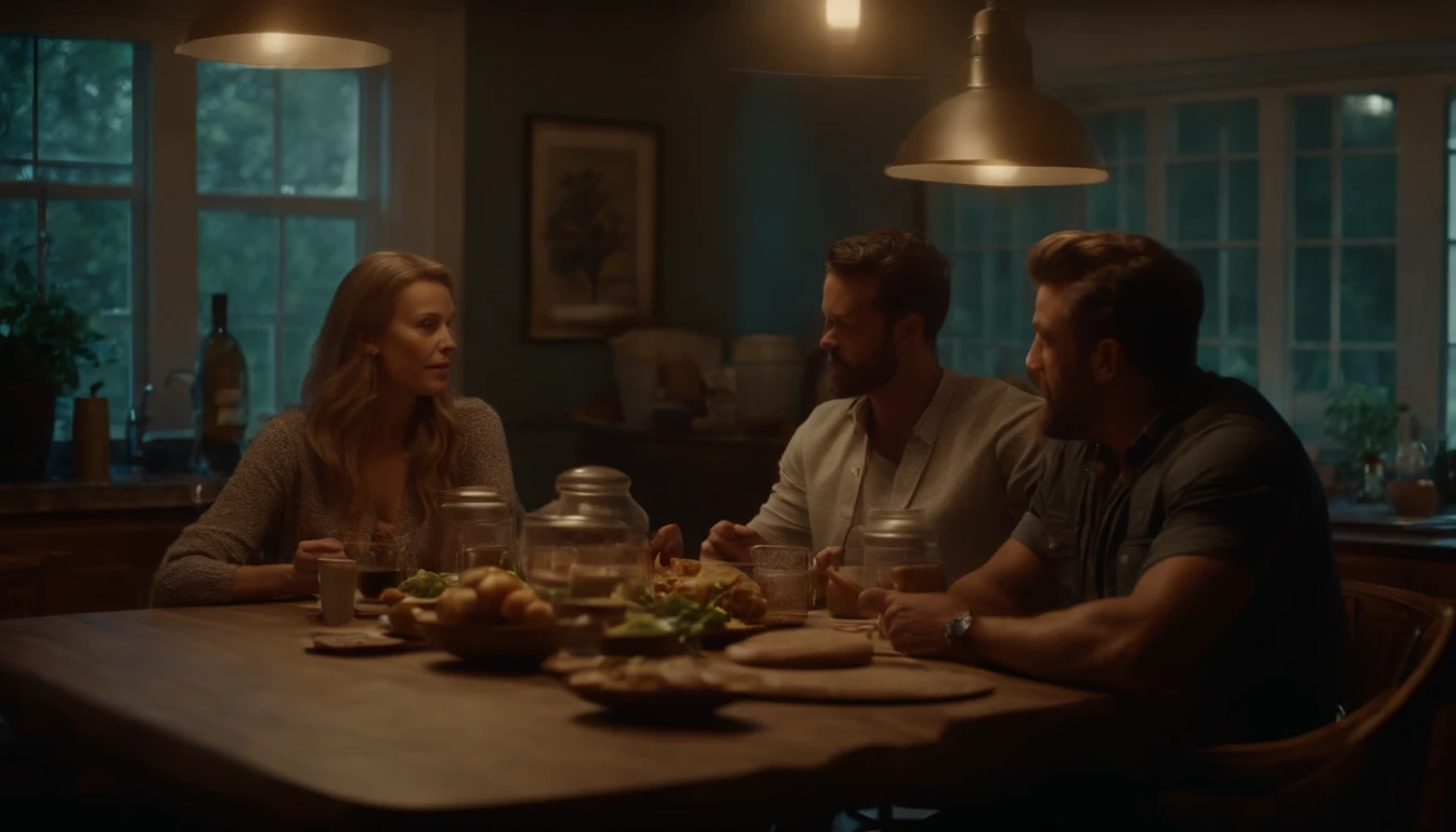 Beautiful American kitchen, with four people at the table eating discussing, furious, realistic and perfect