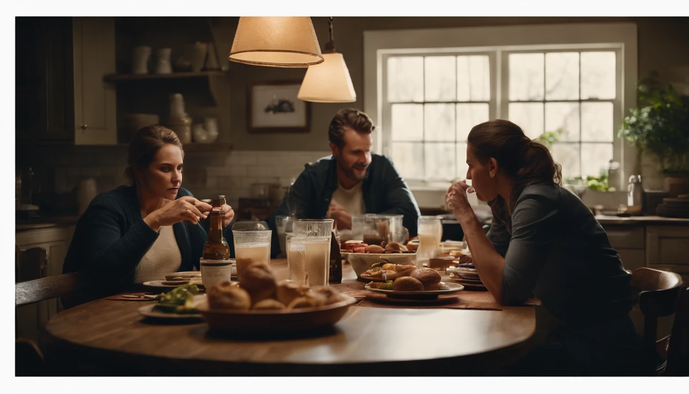 Beautiful American kitchen, with four people at the table eating discussing, furious, realistic and perfect
