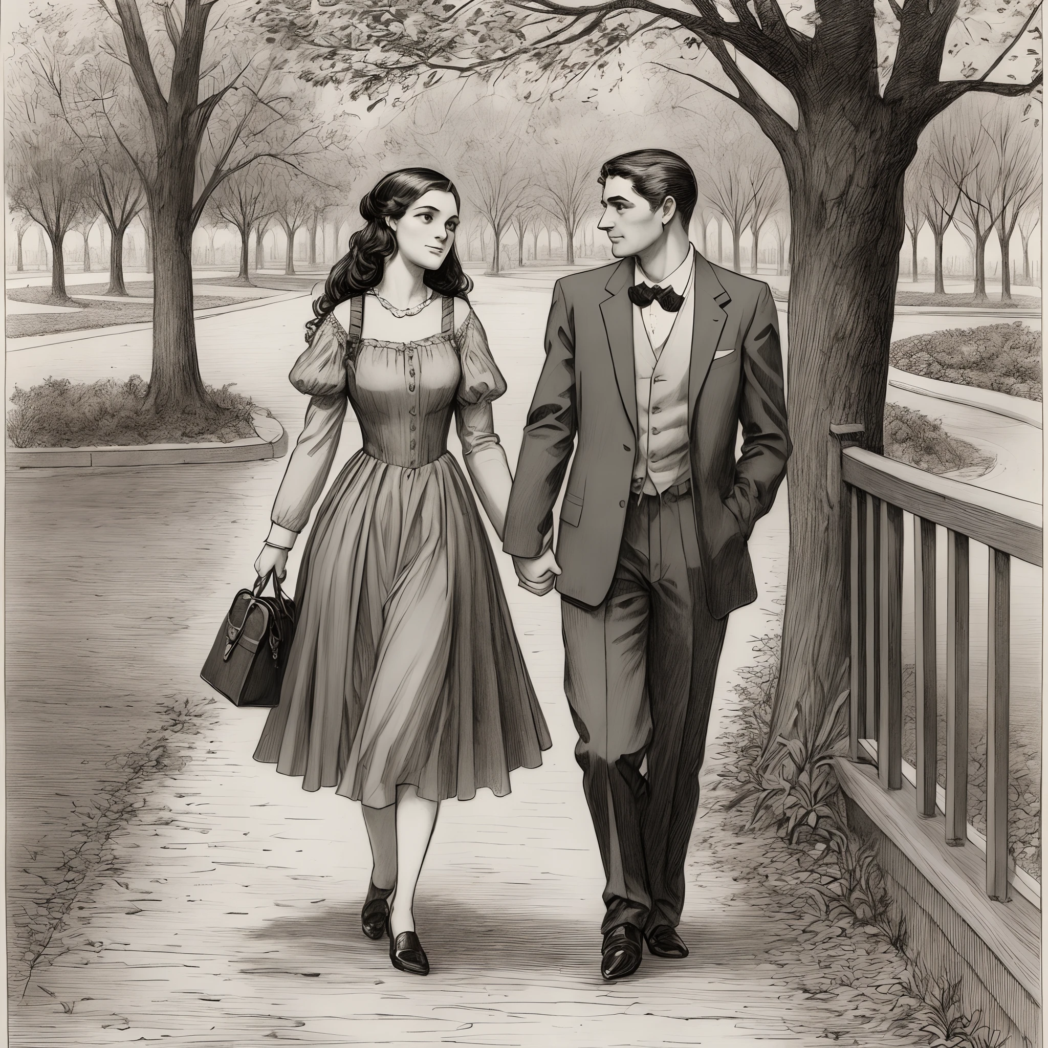 A tender moment between two lovers, walking in the park, captured in the classic Charles Dana Gibson style --auto --s2