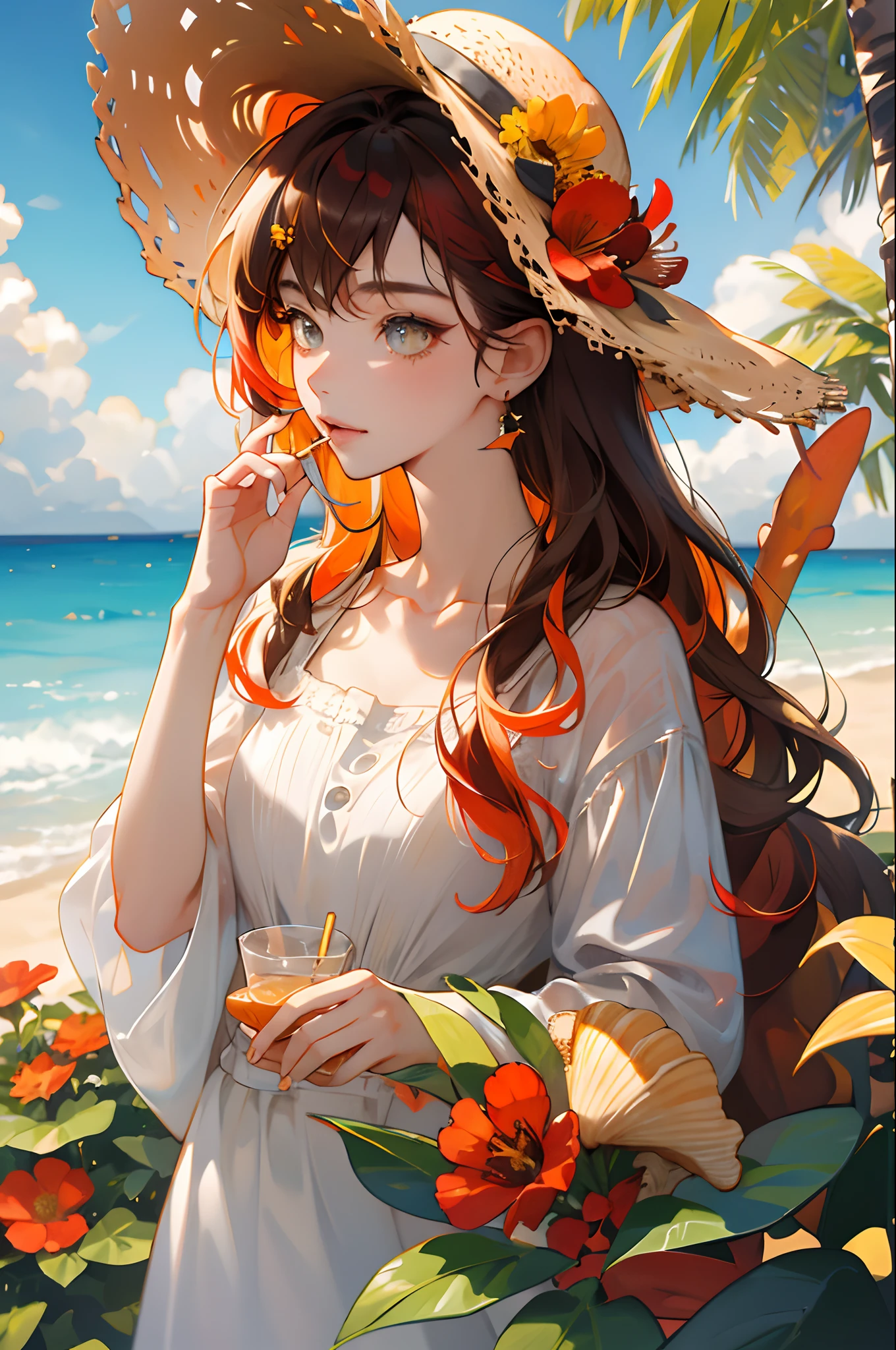 absurdres, highres, ultra detailed, 1girl, solo, extremely detailed eyes, starfish, seashell, shell, flower, hat, hair ornament, jewelry, straw hat, looking at viewer, sunglasses, hat flower, drinking straw, hairclip, earrings, red flower, tinted eyewear, yellow flower, bangs, english text, multicolored hair, orange flower, black hair, ring, cup, long hair, orange-tinted eyewear, food, brown hair, portrait, shell hair ornament