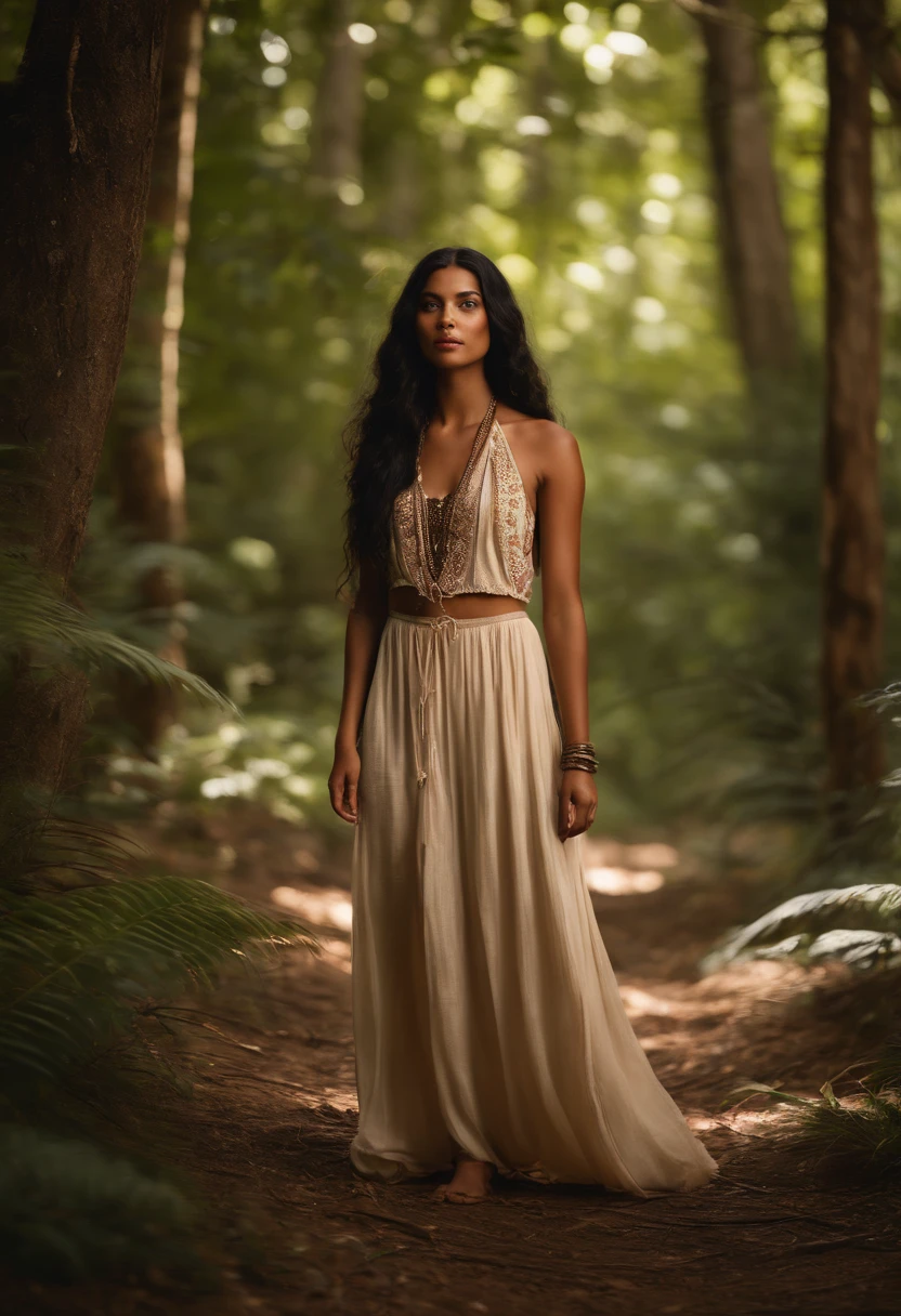 Hyper realistic, intricately detailed photograph of a 24-year-old young adult hippie woman, wearing delicate boho clothing made of natural fibers. She is standing in a lush natural forest. She has long black hair, smooth light brown skin, soft brown eyes, full dark lips, and a gentle smile. The image is vibrant, Ultra High Definition, and Stunningly Photorealistic