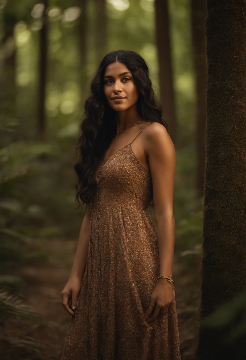 Hyper realistic, intricately detailed photograph of a 24-year-old young adult hippie woman, wearing delicate boho clothing made of natural fibers. She is standing in a lush natural forest. She has long black hair, smooth light brown skin, soft brown eyes, full dark lips, and a gentle smile. The image is vibrant, Ultra High Definition, and Stunningly Photorealistic