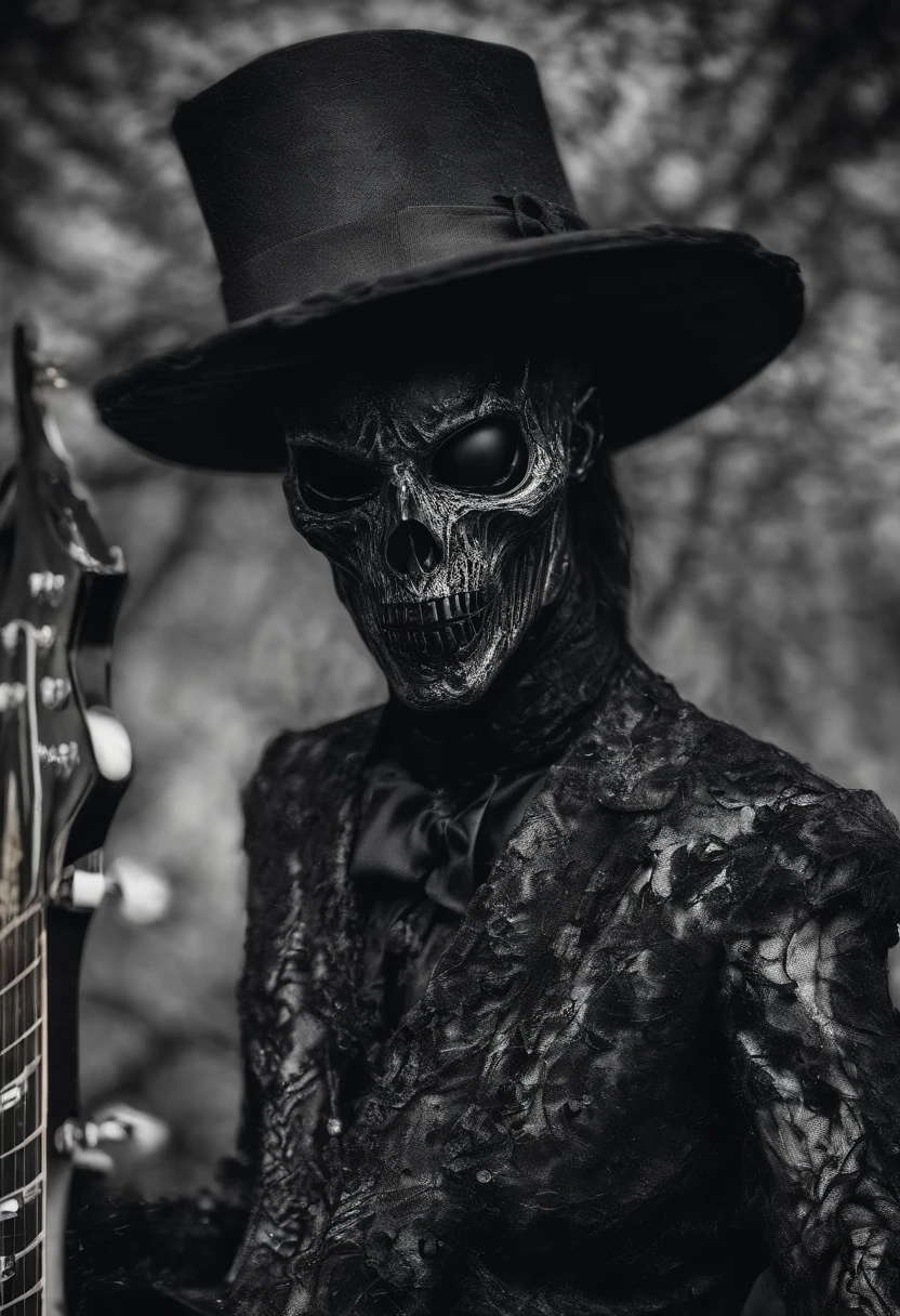 Photograph of an alien, translucent skin, dentes pingando sangue vermelho,, veias mostrando sob sua pele, Escuro, onímio, top hat on the head, fundo branco, corpo inteiro tocando guitarra, Guitarist position