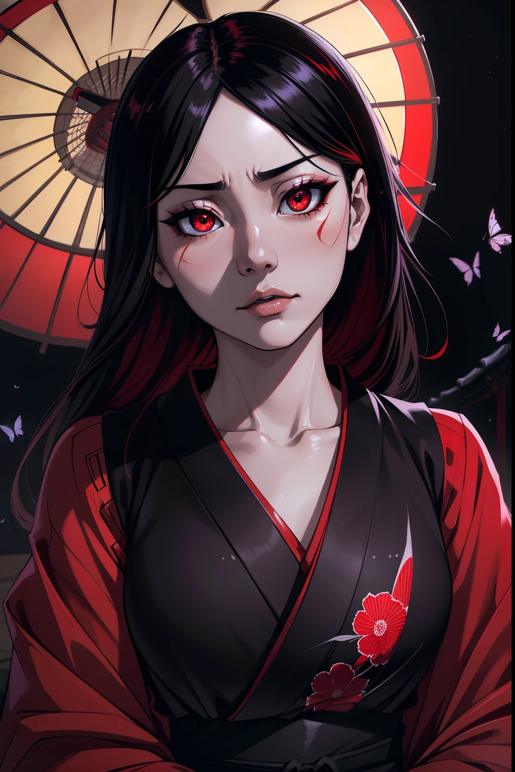 Tsugumi Shibata and Enma : from Jigoku Shoujo Anime
(best quality,4k,8k,highres,masterpiece:1.2),ultra-detailed,(realistic,photorealistic,photo-realistic:1.37),girl,dark,gothic,horror,beautiful detailed eyes,beautiful detailed lips,extremely detailed eyes and face,longeyelashes,pale skin,dark hair,intense gaze,sad expression,traditional Japanese clothing,loose kimono,black butterflies,creepy atmosphere,moonlit night,grayscale,subtle red tones,dramatic lighting,vivid red eyes.