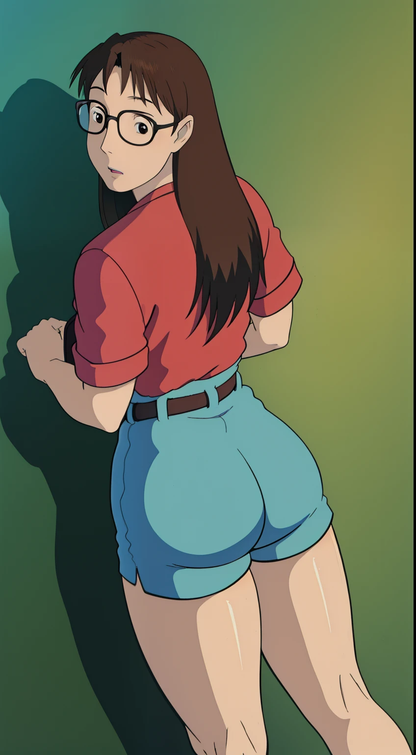 Koyomi Mizuhara, brown hair, long hair, face, nose, bangs, realistic lips, brown eyes, glasses, light green shirt, large breasts, waist, belt, bubble butt, blue legging shorts, shoes, Wallpaper, back of view, looking back