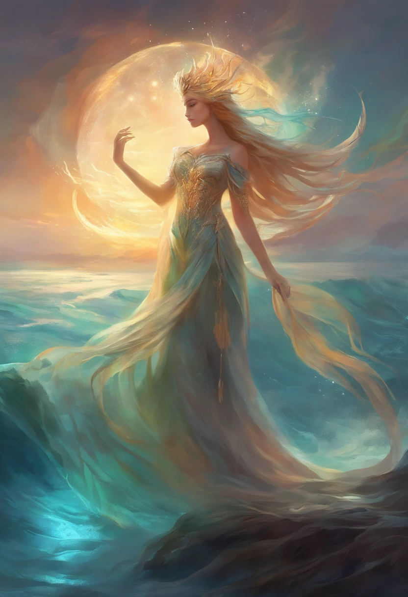 ( High quality , Ultra detailed, careful with hand )Zodiac - Gemini goddess , Similar to Latin goodness , Twin goddesses , inquisitive, Skillful, Humorous, Seductive, imaginative face , Sometimes impractical, uneasy, Nervous, careless style ,  Light brown eyes , Light blonde hair , Transparent dress , in the ocean with wind  , Whole body , Sexy makeup ,