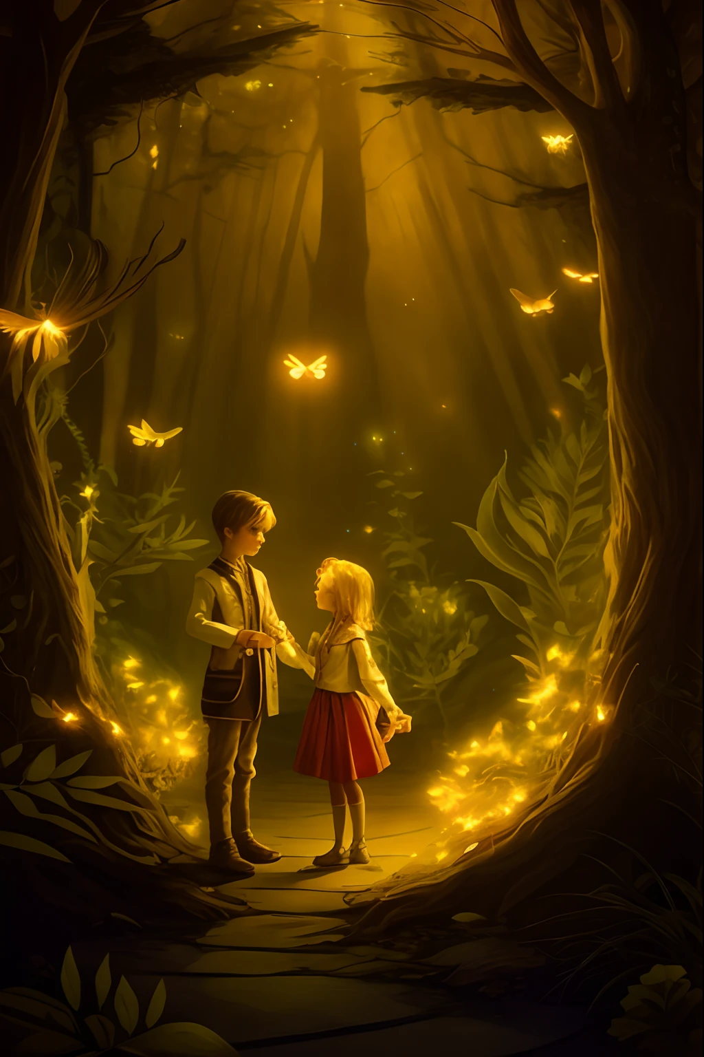 there is a boy and a girl standing in a forest, among wonderful golden fireflies, among golden fireflies, in a magical forest, in the magical forest, edmund blair and charlie bowater, fantasy book illustration, magical forest with fireflies, golden fireflies lights, fairytale artwork, young adult fantasy novel cover, in magical woods, fantasy fairytale story