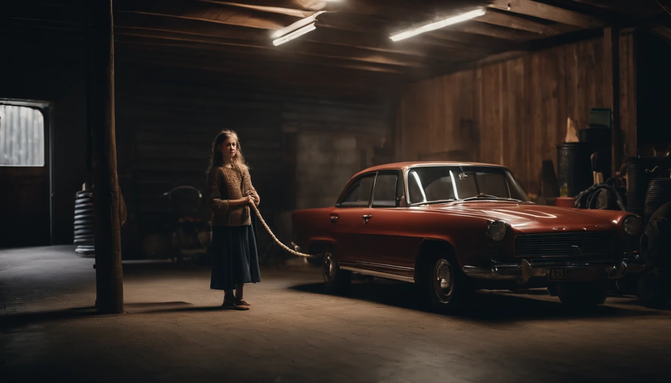 family mother in the garage next to the car with a rope in hand