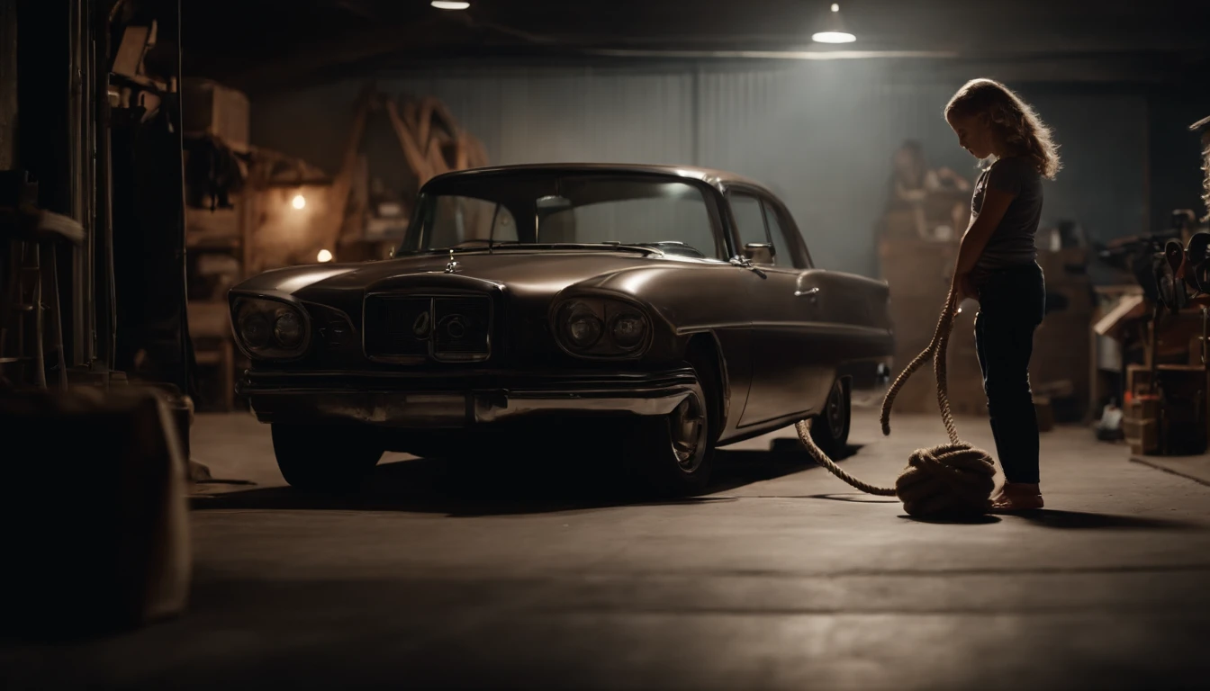 family mother in the garage next to the car with a rope in hand