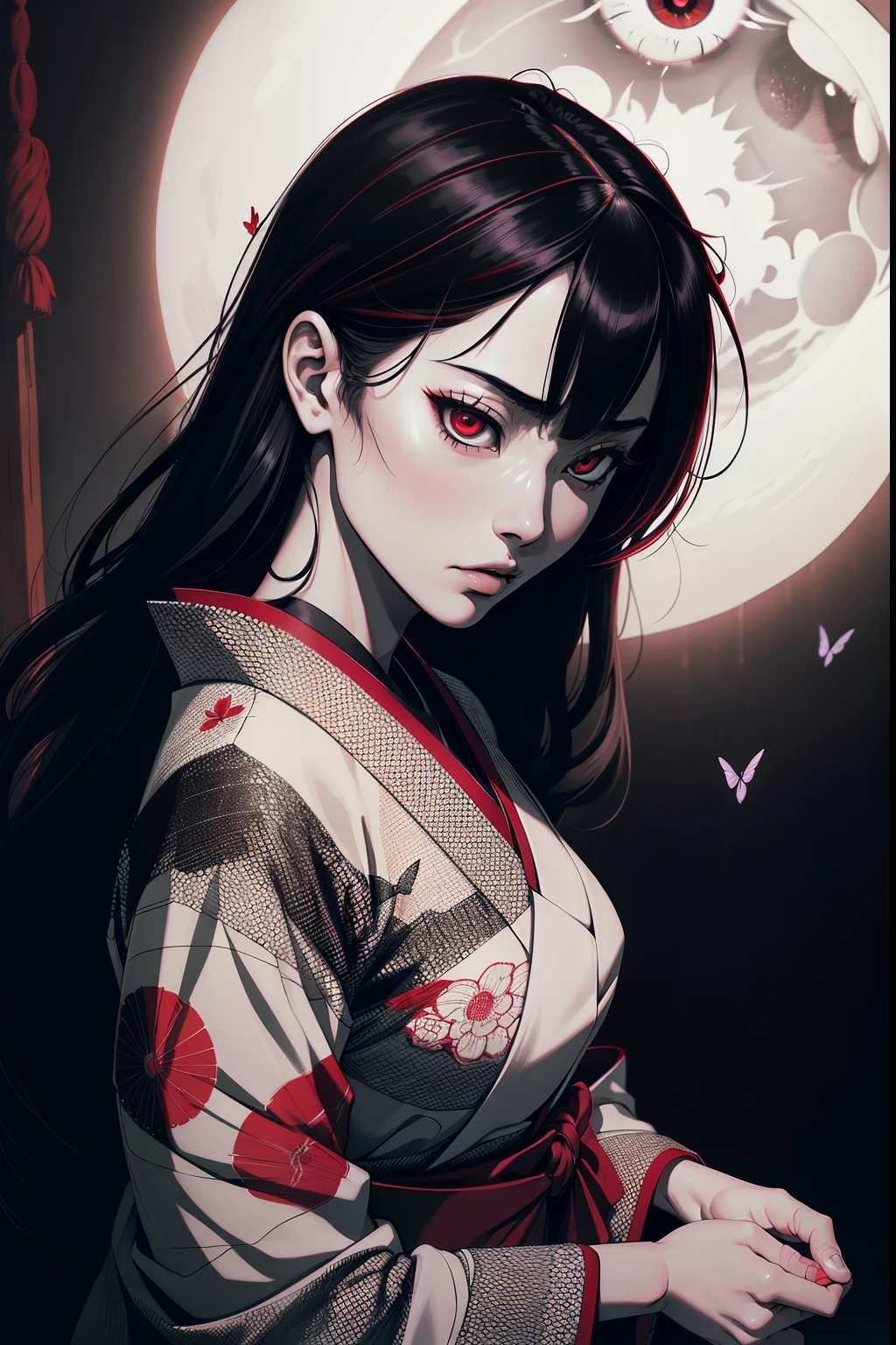 Tsugumi Shibata and Enma : from Jigoku Shoujo Anime
(best quality,4k,8k,highres,masterpiece:1.2),ultra-detailed,(realistic,photorealistic,photo-realistic:1.37),girl,dark,gothic,horror,beautiful detailed eyes,beautiful detailed lips,extremely detailed eyes and face,longeyelashes,pale skin,dark hair,intense gaze,sad expression,traditional Japanese clothing,loose kimono,black butterflies,creepy atmosphere,moonlit night,grayscale,subtle red tones,dramatic lighting,vivid red eyes.