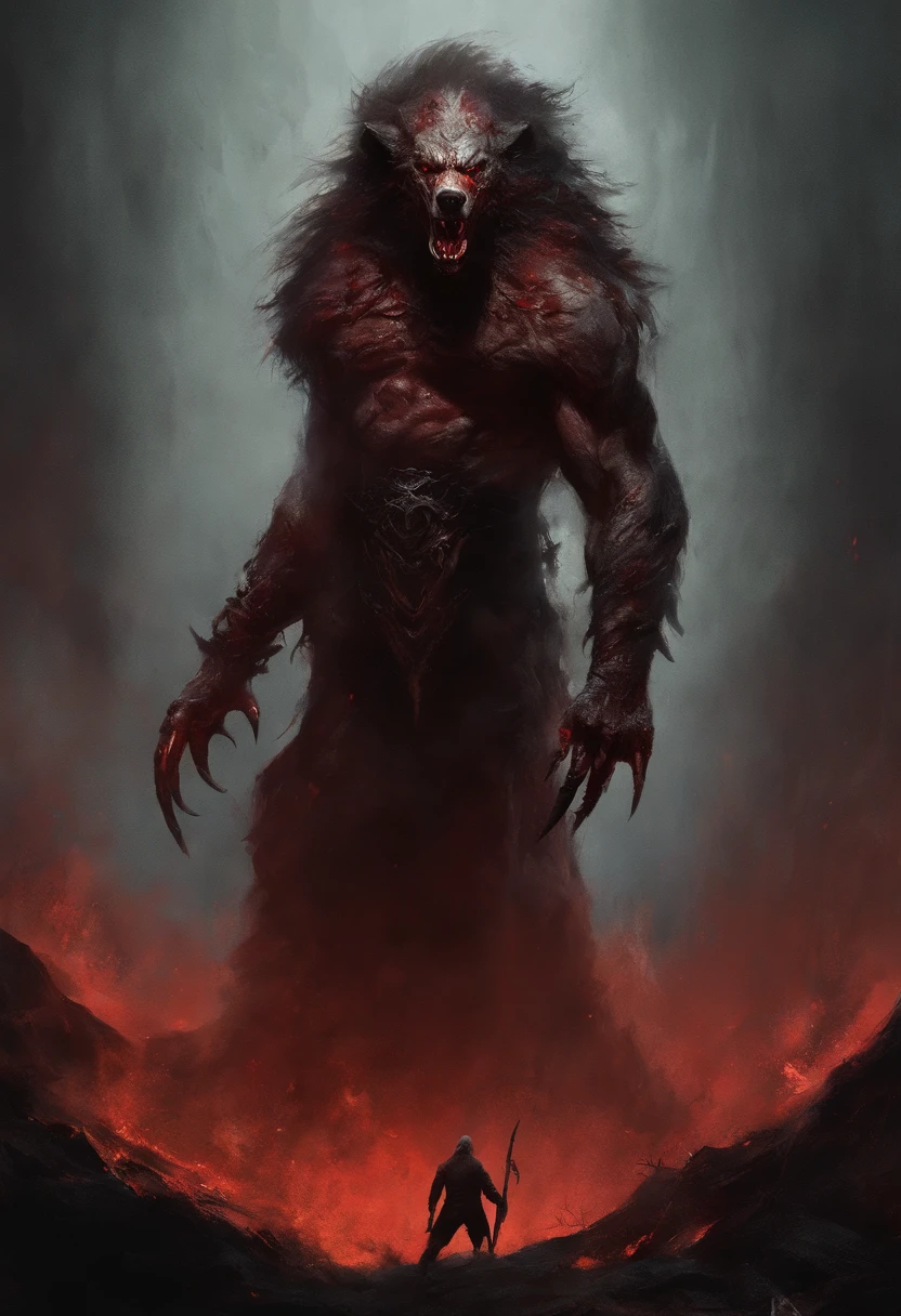 Uma pintura de um lobo realmente mest, with a bloodied face and a bloody head, carnificina, Sci - Horror Art of Fiction, Science fiction horror art, inspirado em Aleksi Briclot, Presas da carnificina, arte de fantasia de terror, Directed by: Aleksi Briclot, arte conceitual de terror, veneno, Arte de fantasia e terror, Detailed illustration of 4K horror, demonic creature, arte de terror de fantasia sombria