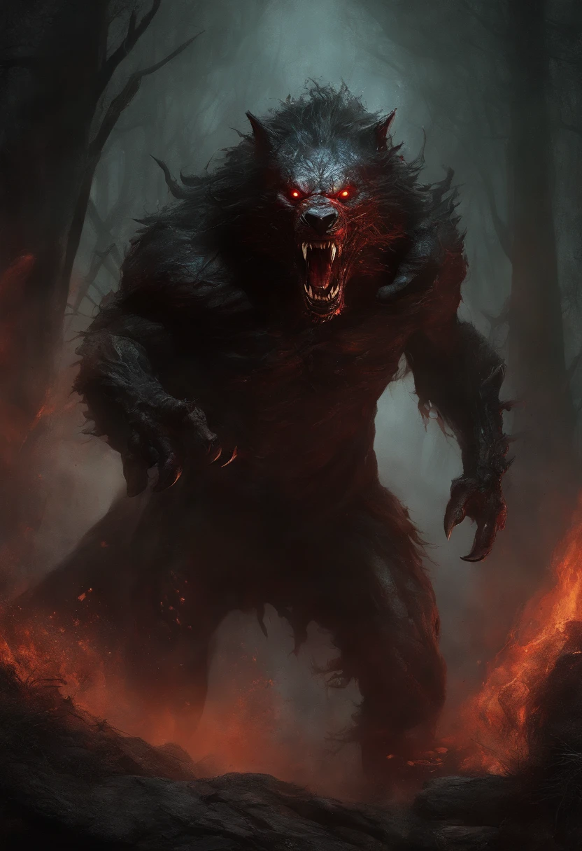 Uma pintura de um lobo realmente mest, with a bloodied face and a bloody head, carnificina, Sci - Horror Art of Fiction, Science fiction horror art, inspirado em Aleksi Briclot, Presas da carnificina, arte de fantasia de terror, Directed by: Aleksi Briclot, arte conceitual de terror, veneno, Arte de fantasia e terror, Detailed illustration of 4K horror, demonic creature, arte de terror de fantasia sombria