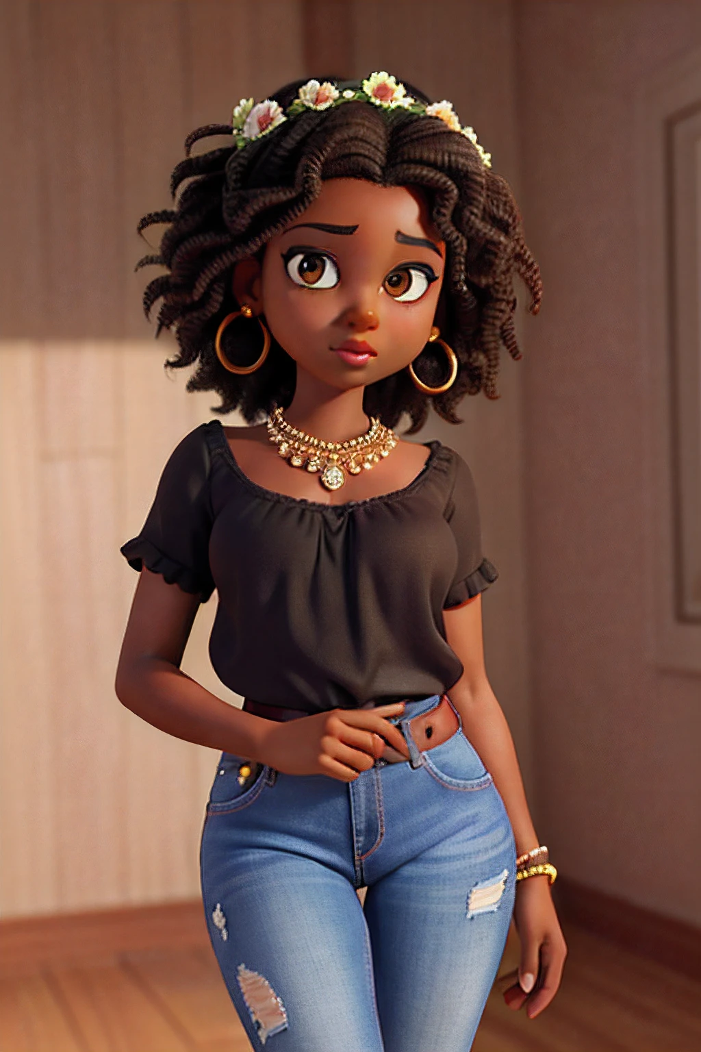 1girl african african dark brown skin:5, realistic shadows, detailed skin, sparkling eyes, curly black hair, very detailed, highly detailed 8k face, perfect face shape, perfect full lips, perfect nose, correct beautiful eyes, observant, dress bridal:3.45, hair flowers, masterpiece, best quality, single, jeans, alone