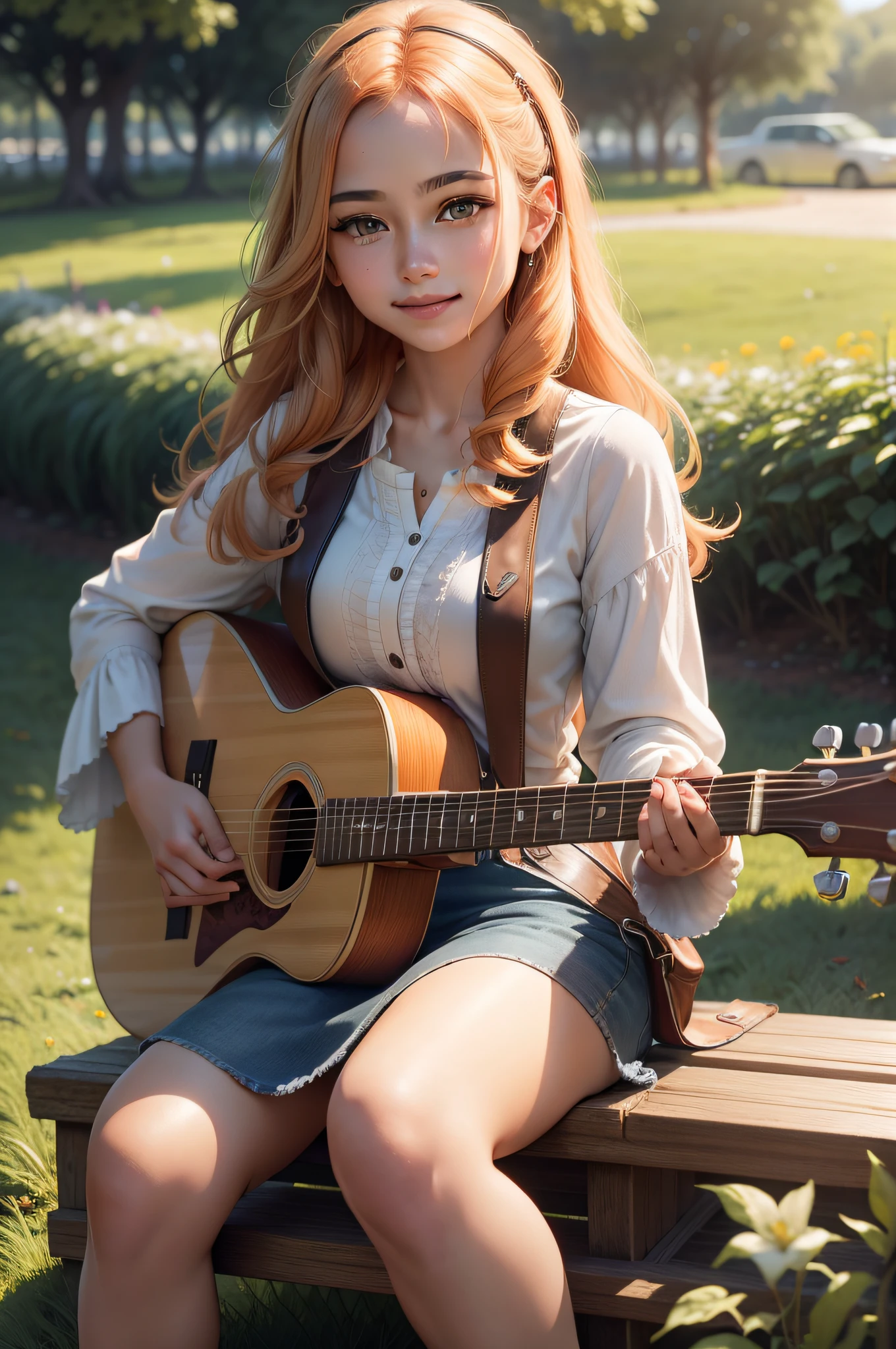 Generate an ultra-realistic image of Sophia Garcia, a 20-year-old Turkish woman, sitting on lush green grass in a peaceful outdoor setting. Sophia is playing the guitar with skill and enthusiasm, and she has a joyful smile on her face. The natural surroundings should be realistically depicted, with a focus on the serene and harmonious atmosphere. Sophia has orange colored light hair and brown eyes, and Turkish face features. Emphasize the ultra-realistic quality of the image, aiming for a photograph-like level of detail.