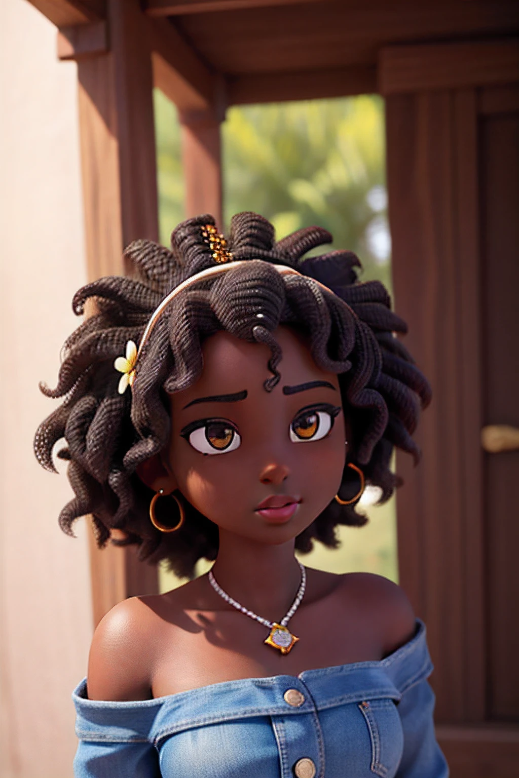 1girl african african dark brown skin:5, realistic shadows, detailed skin, sparkling eyes, curly black hair, very detailed, highly detailed 8k face, perfect face shape, perfect full lips, perfect nose, correct beautiful eyes, observant, dress bridal:3.45, hair flowers, masterpiece, best quality, single, jeans, alone