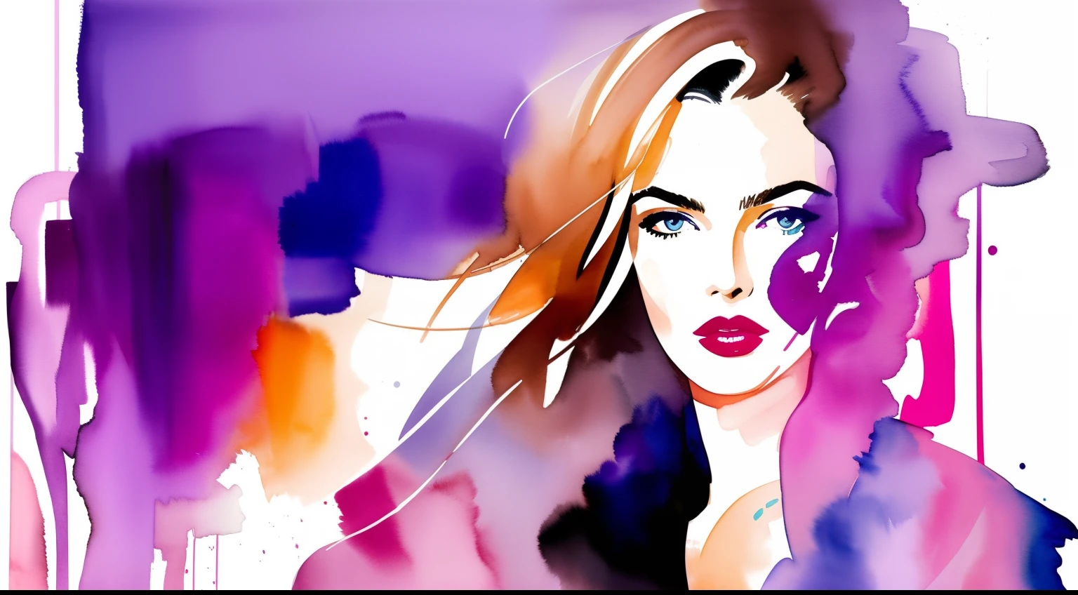 David downton fashion illustration, abstract image, woman light brown blonde thin hair french bob, blue eyes, pink lipstick, purple jacket, andreea diaconu, theater, paris night lights, watercolor painting, elegant,