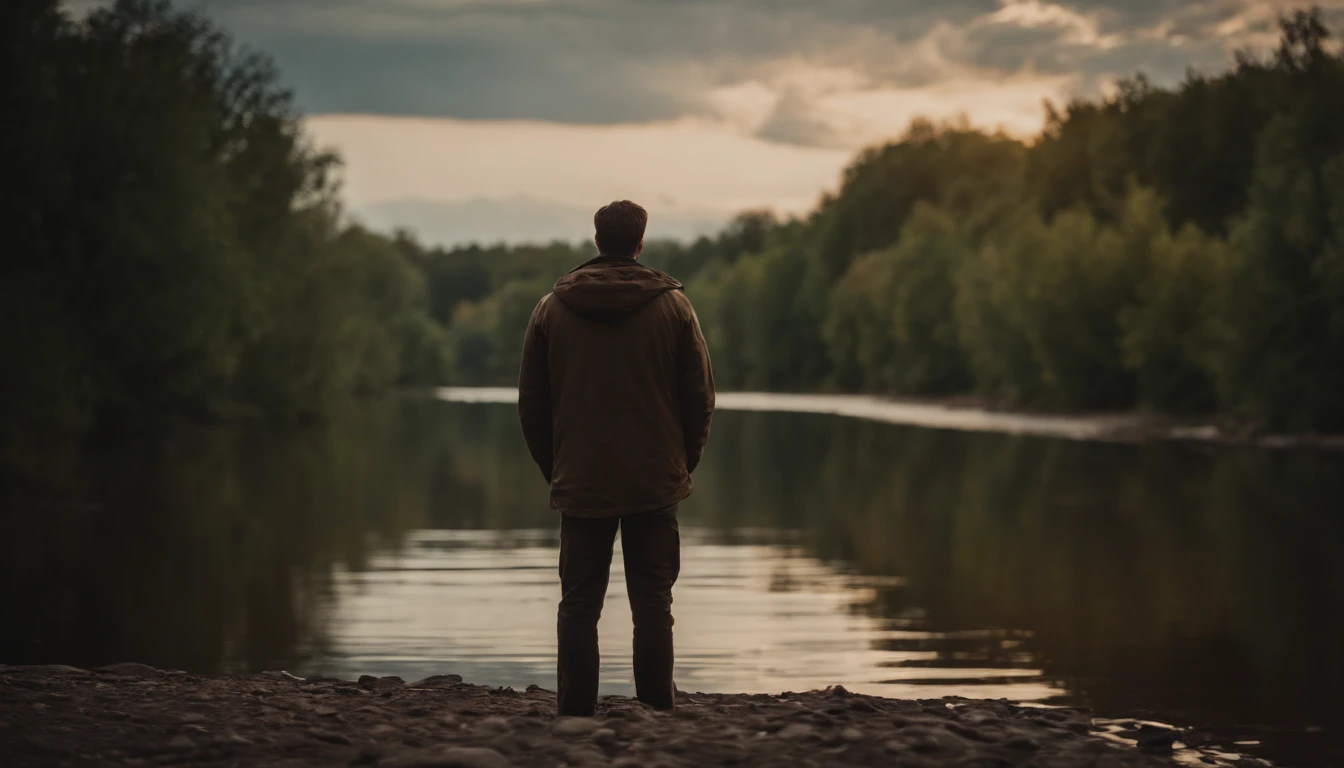 Son on the edge of the thoughtful river
