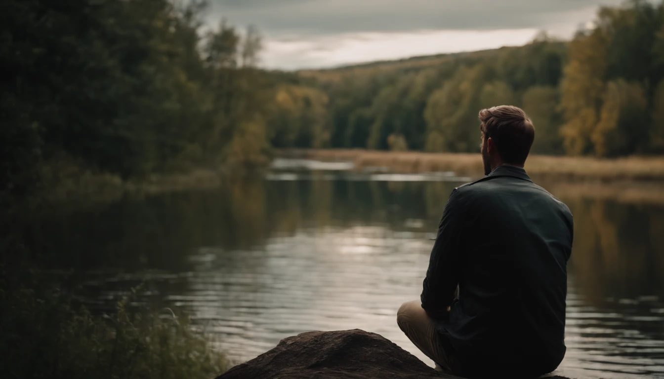 Son on the edge of the thoughtful river