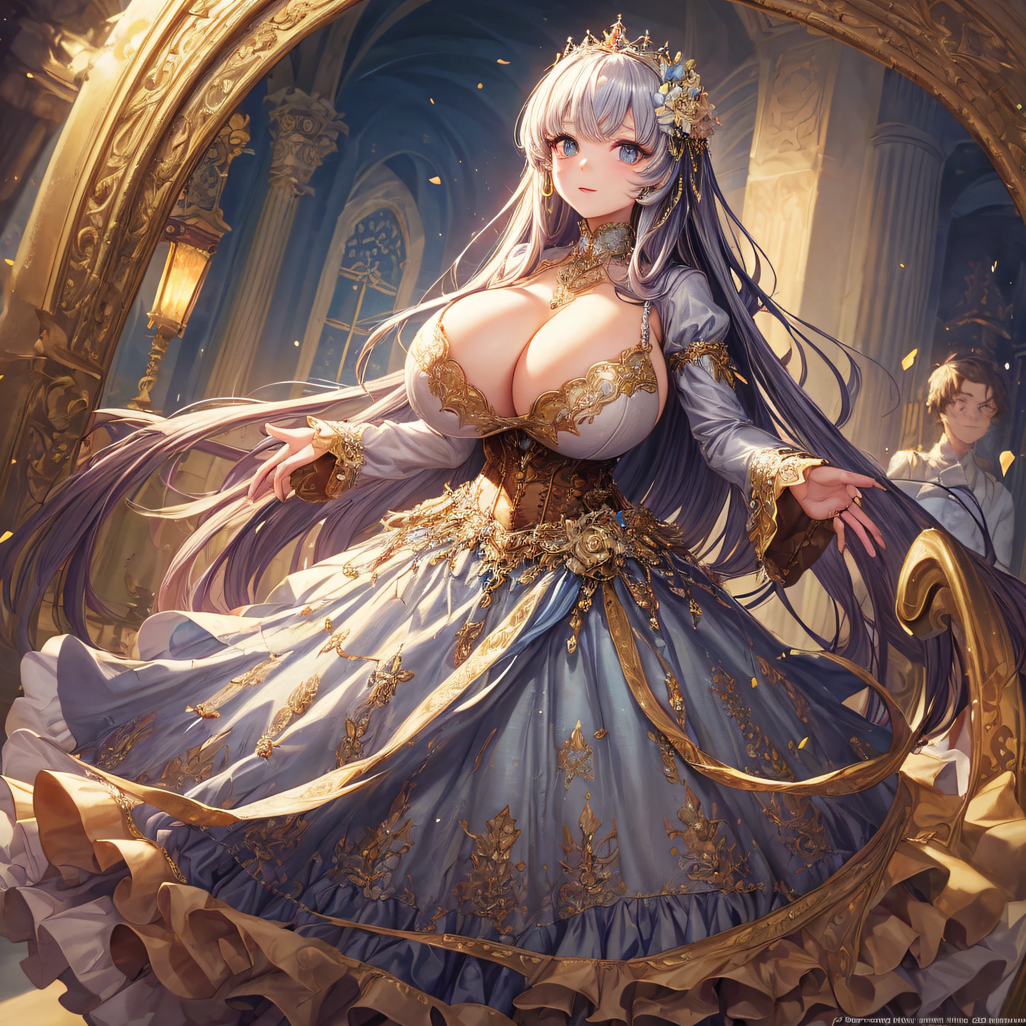 (masterpiece, best quality,extremely detailed:1.1),(moe anime art style:1.2),1girl,((full body)),((solo)), cute, kawaii,digital art,((1 bling-bling anime princess wearing beautiful embroidery and jeweled ruffled gorgeous princess ballgown with voluminous full length hoop skirt)),((crinoline)),long train,voluminous frills,(gorgeous embroidery and beautiful lace),((very gigantic boobs,skindentation)),cleavage,shiny hair,(((very long straight hair))),((finely detailed face and eyes)),clear pupil,extremely gorgeousfull hair ornament,(bling-bling jeweled extremely gorgeousfull tiara),(bling-bling gorgeous gemstone jewelry),long veil,beautiful background,fantasy garden,flowers,flower petals flowing,full body,((beautiful embroidery and jeweled ruffled gorgeous princess ballgown with voluminous full length hoop skirt))