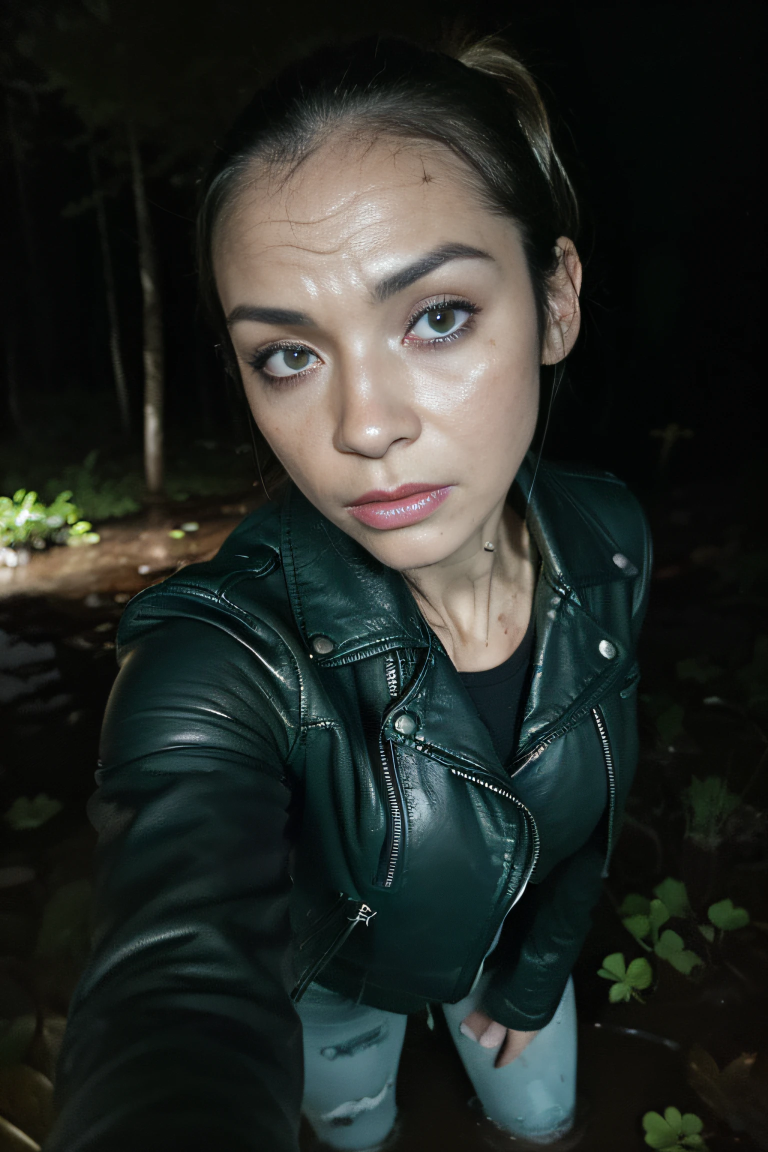 Tormented by lust, A woman in jeans and a leather jacket was caught off guard in the woods at night, indulging in his sexual fetish of drowning in a swamp. Lust makes her plunge into the swamp up to her thighs. Her face is haggard and dehydrated. She is perplexed and looks around in fright. There is pitch darkness all around, The light only comes from the camera's flash.
TAGS: night time, blurred background, (First-person selfie, It's dark all around, Light only from the camera:1.7).woods, The woman, (Tormented by lust:1.6), wearing jeans, leather jacket, swamp, (stands in the middle of a swamp, drowning in a bog:1.7), (Sexual fetish:1.3), fright, stunned, Looking around. (emaciated face:1.6), (dehydrated face:1.6), (swelling of the face:1.6), (Short hair gathered in a ponytail:1.2), (Moral decay, Shattered reputation:1.2),
